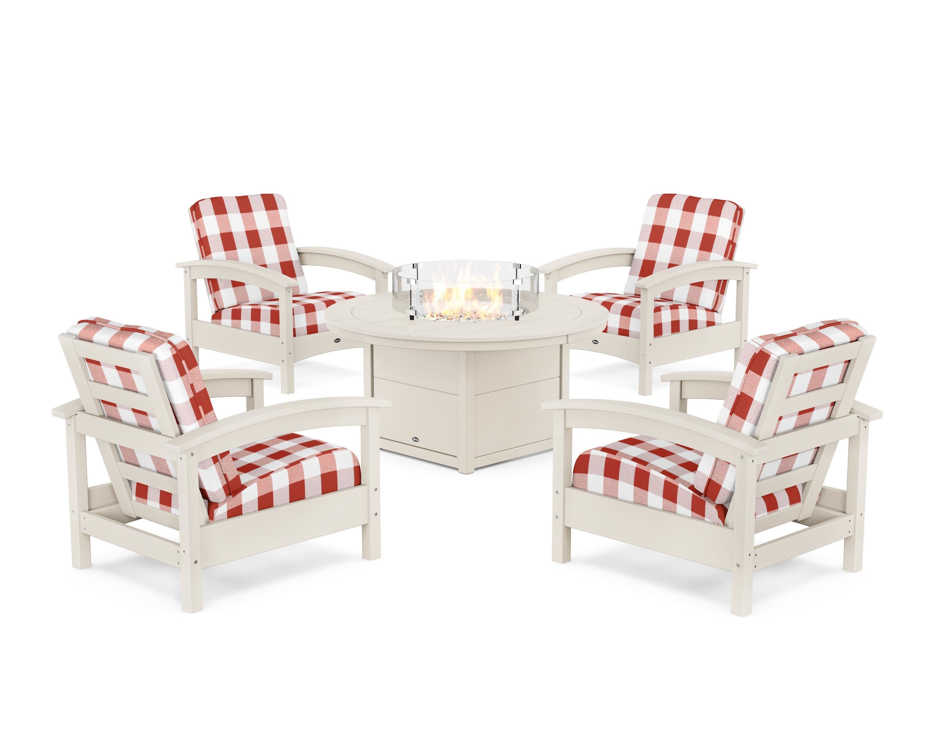Rockport 5-Piece Deep Seating Set with Round Fire Pit Table in Sand Castle / Buffalo Plaid Crimson