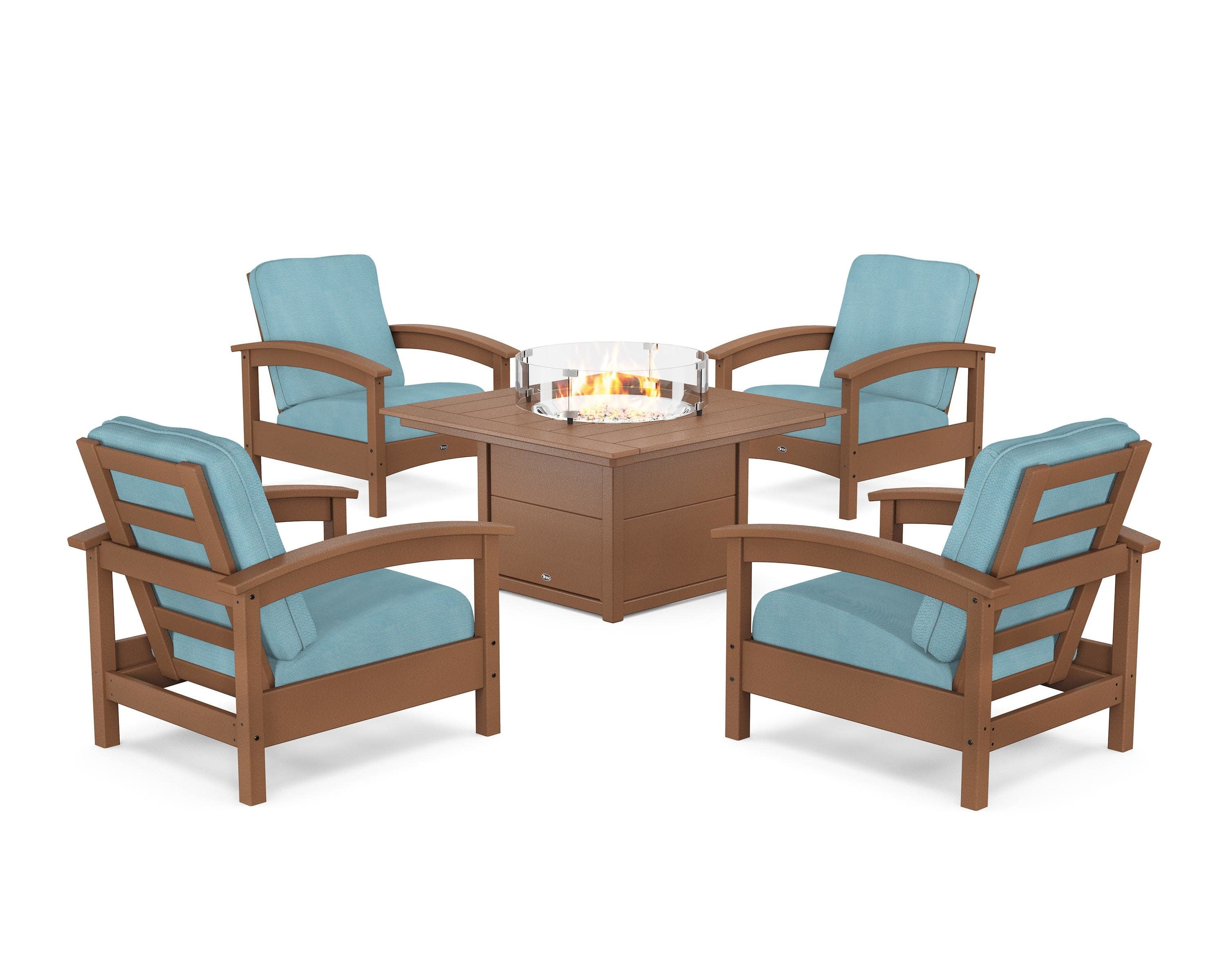 Rockport 5-Piece Deep Seating Set with Square Fire Pit Table in Tree House / Lattice Sky Blue