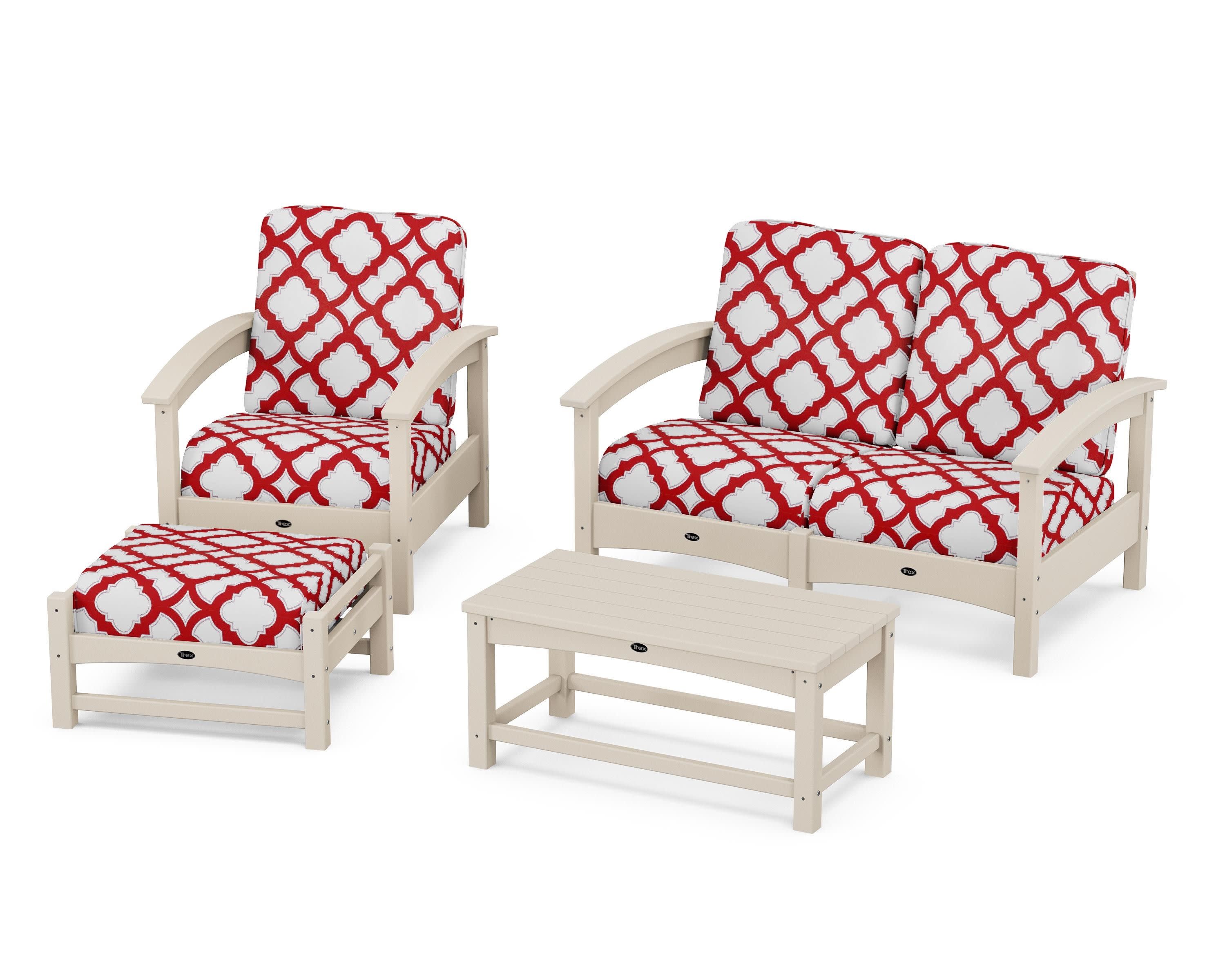 Rockport 4-Piece Deep Seating Conversation Group in Sand Castle / Trellis Crimson