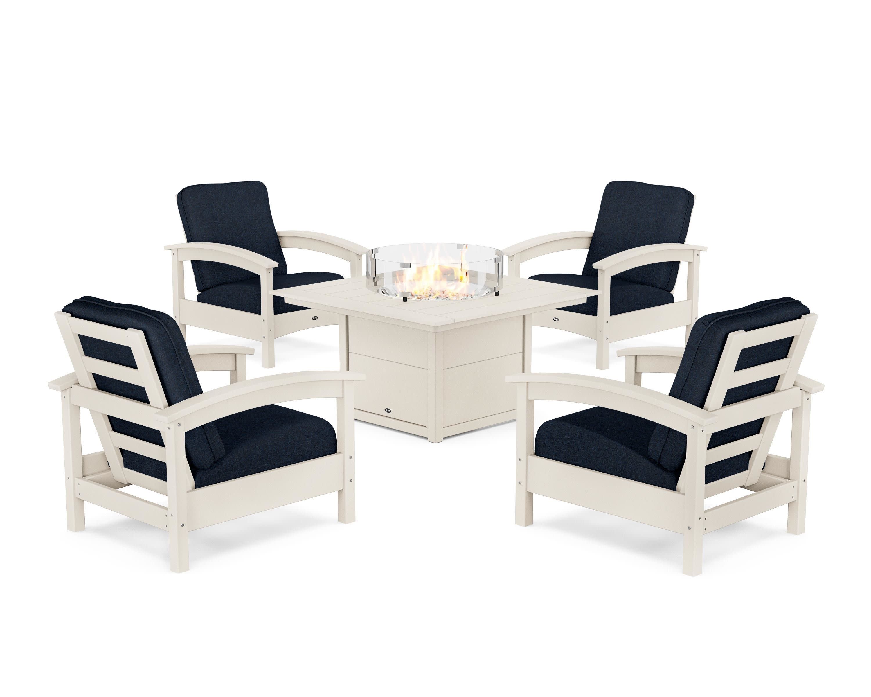 Rockport 5-Piece Deep Seating Set with Square Fire Pit Table in Sand Castle / Marine Indigo