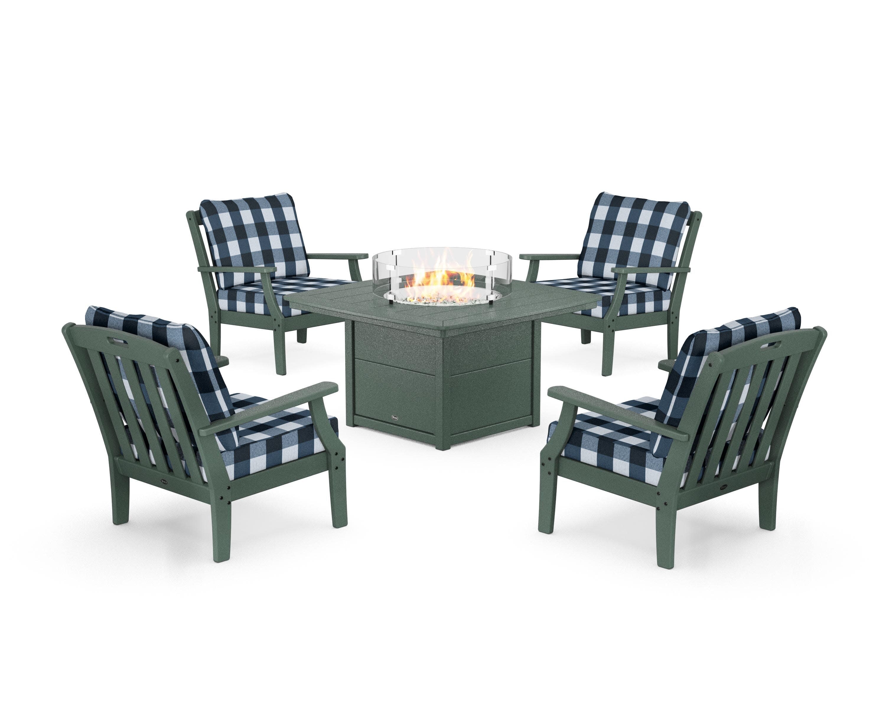 Yacht Club 5-Piece Deep Seating Set with Fire Pit Table in Rainforest Canopy / Buffalo Plaid Marine Indigo