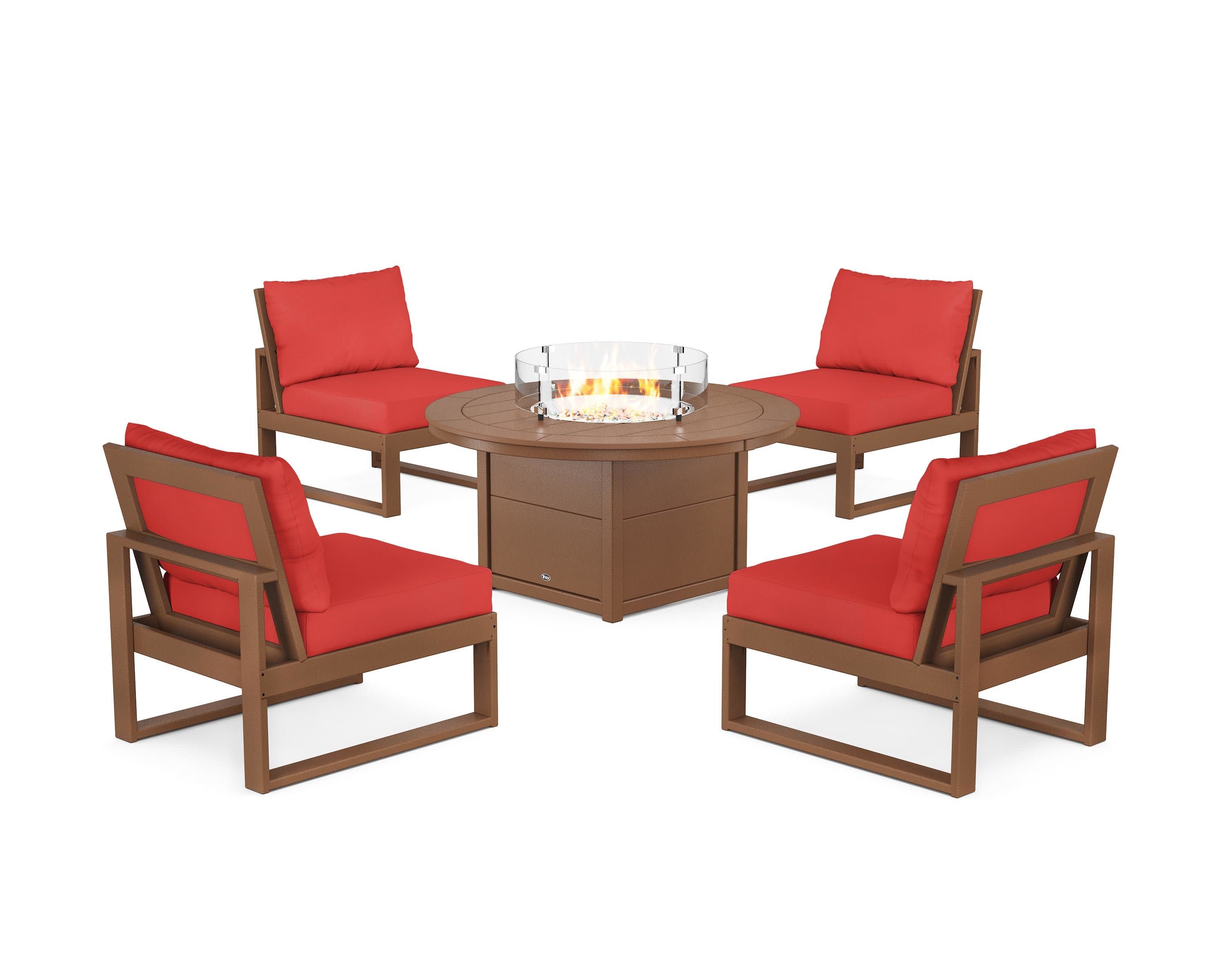 Eastport Modular 5-Piece Deep Seating Set with Round Fire Pit Table in Tree House / Crimson Linen
