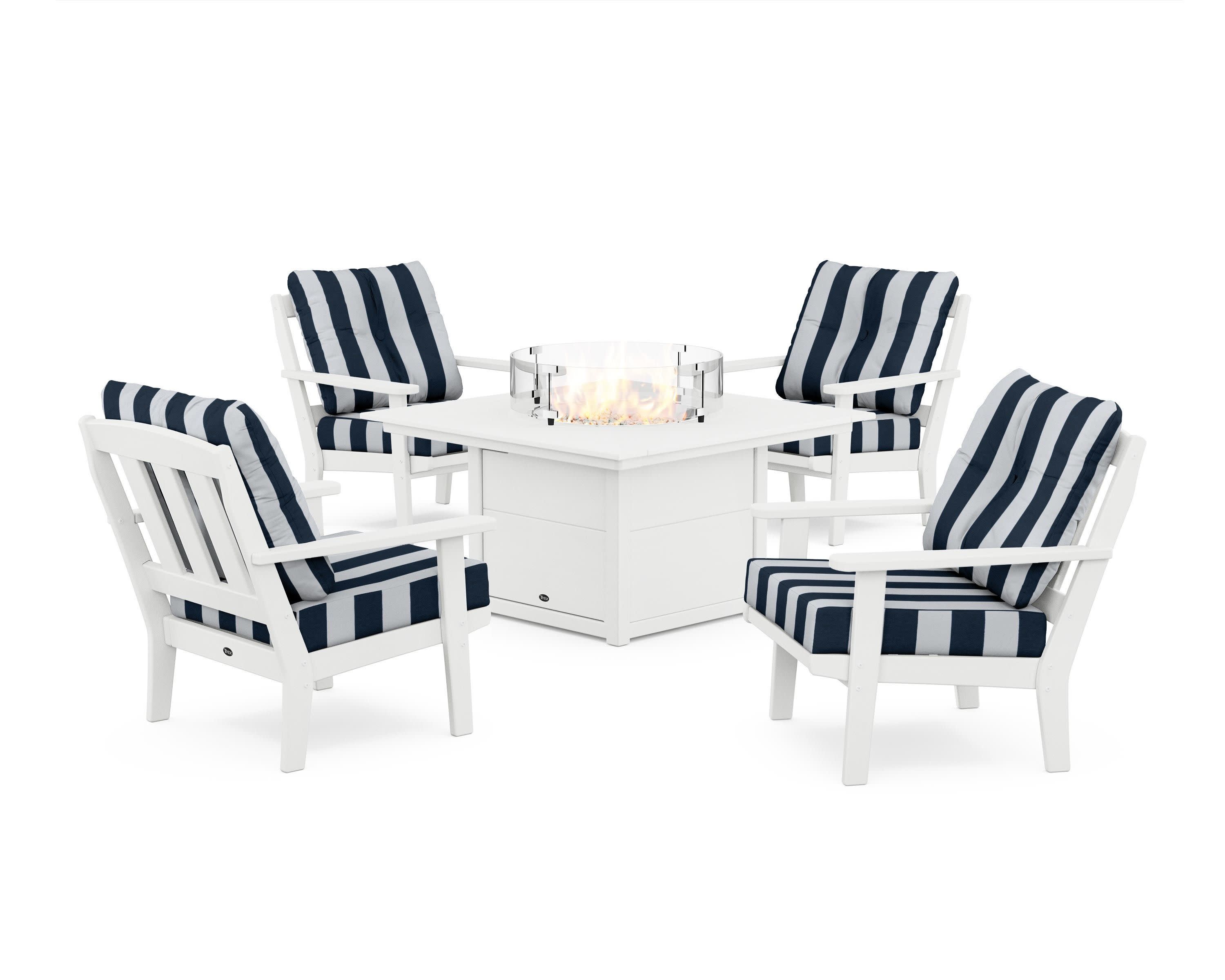 Cape Cod 5-Piece Deep Seating Set with Fire Pit Table in Classic White / Cabana Stripe Marine Indigo