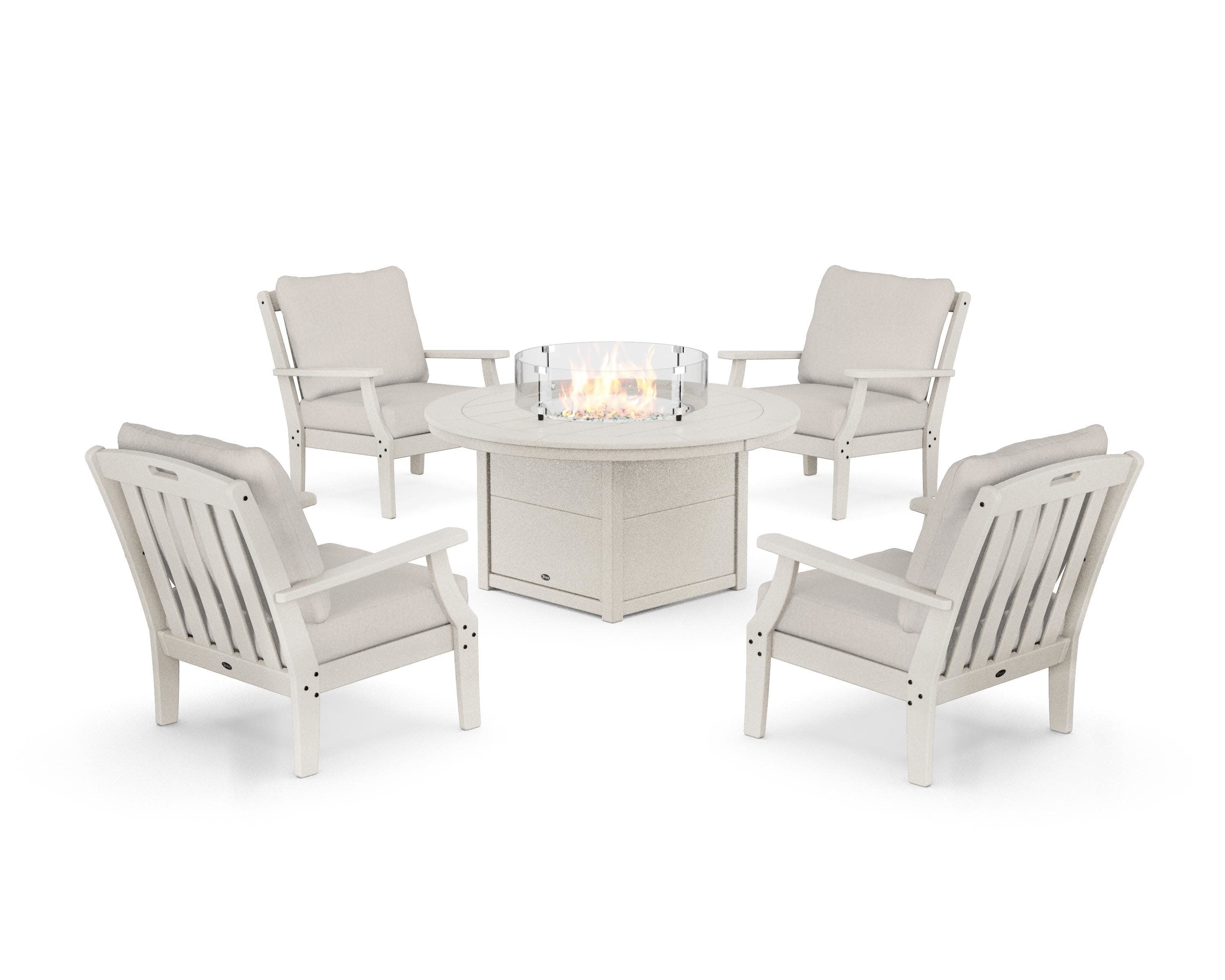 Yacht Club 5-Piece Deep Seating Set with Round Fire Pit Table in Sand Castle / Cast Ash