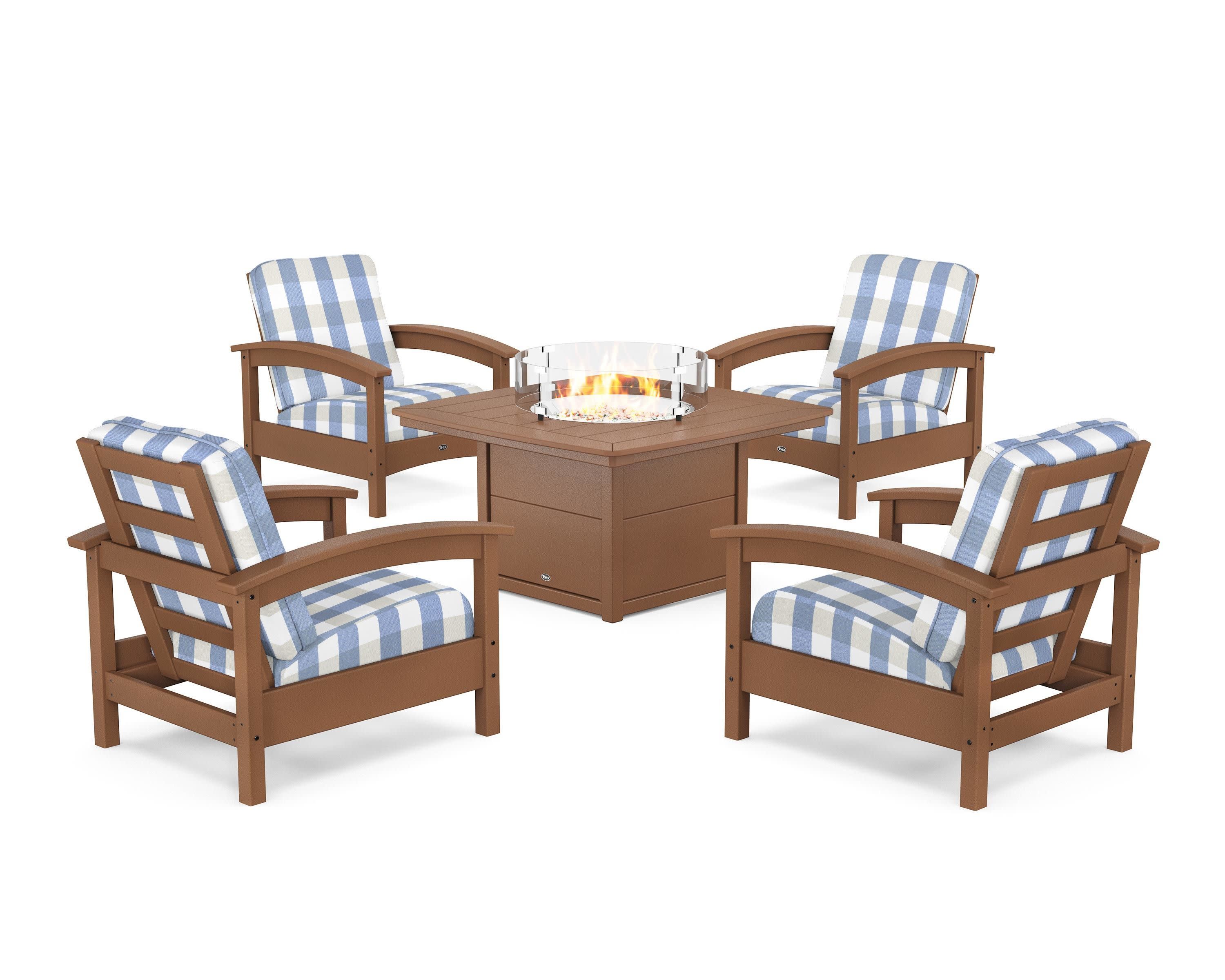 Rockport 5-Piece Deep Seating Set with Yacht Club Fire Pit Table in Tree House / Buffalo Plaid Sky Blue