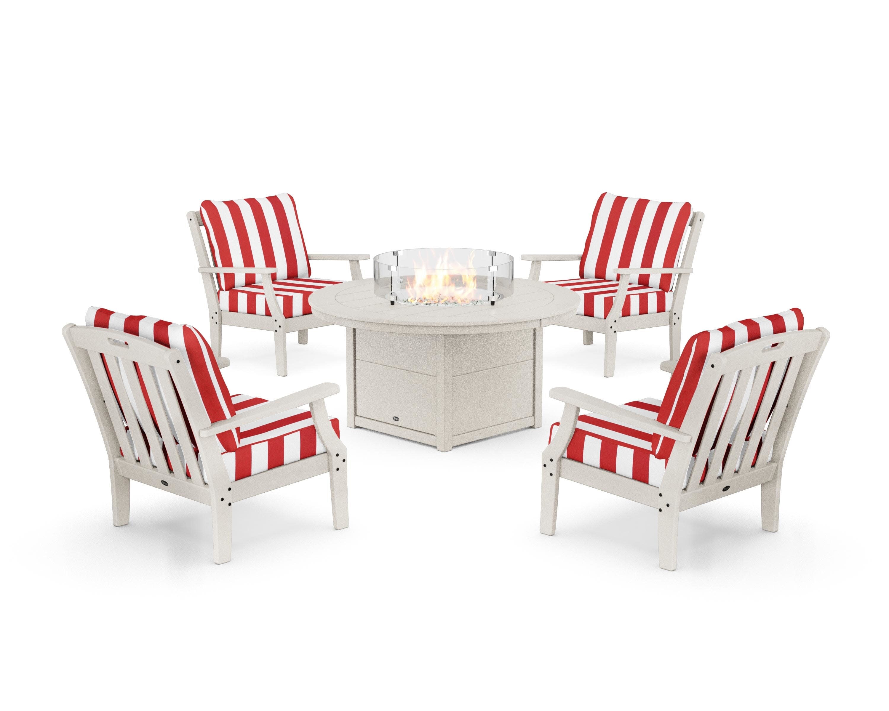 Yacht Club 5-Piece Deep Seating Set with Round Fire Pit Table in Sand Castle / Cabana Stripe Crimson