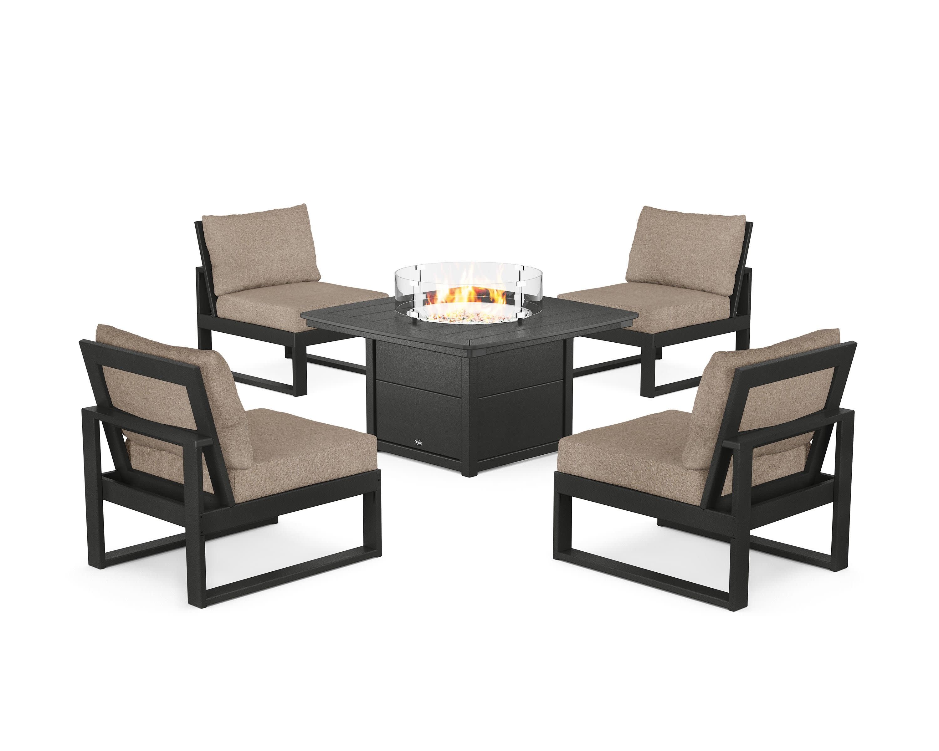 Eastport Modular 5-Piece Deep Seating Set with Yacht Club Fire Pit Table in Charcoal Black / Spiced Burlap