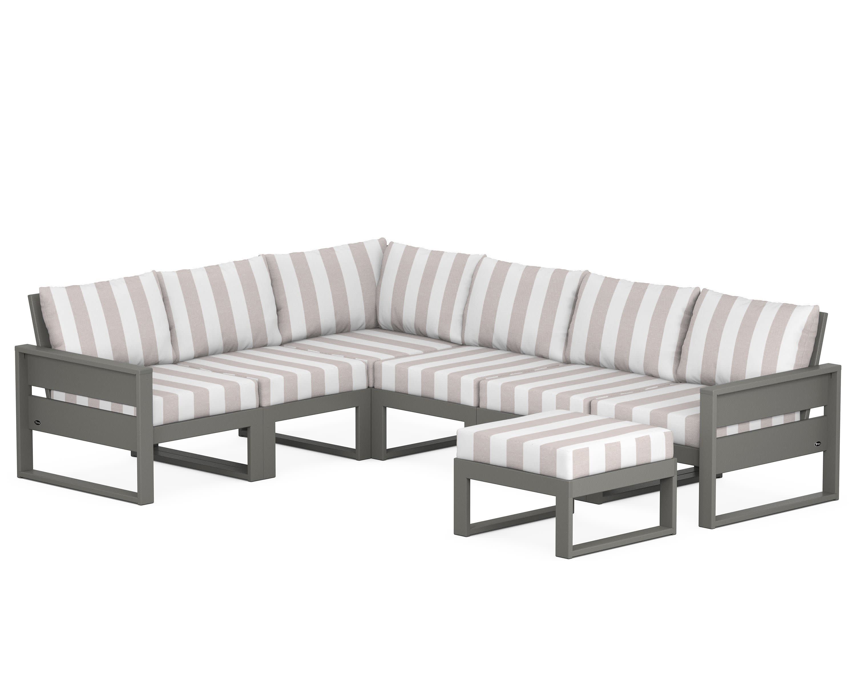 Eastport 6-Piece Sectional with Ottoman in Stepping Stone / Cabana Stripe Dune Burlap