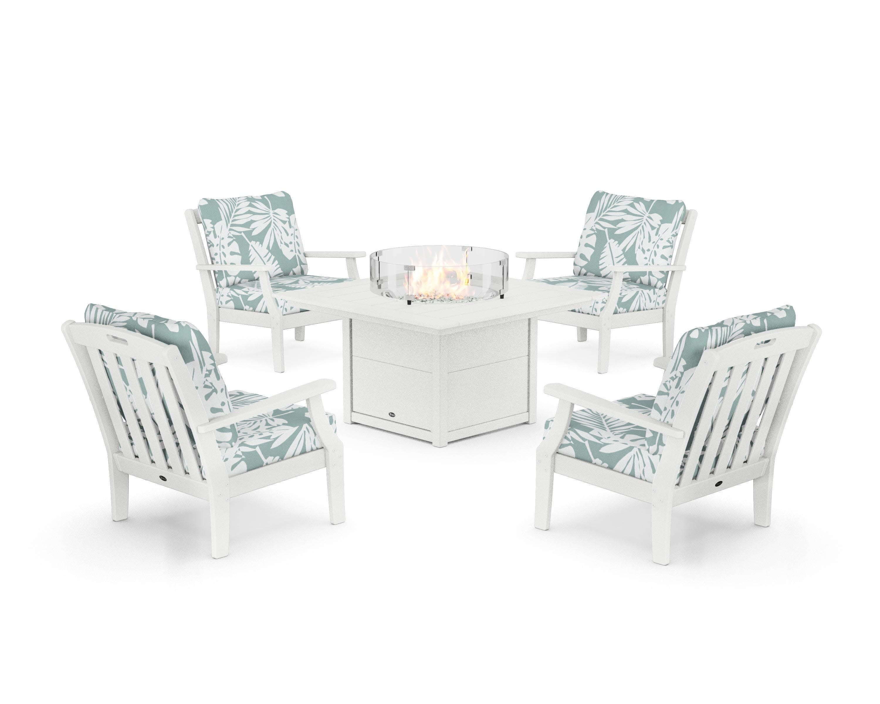 Yacht Club 5-Piece Deep Seating Set with Square Fire Pit Table in Classic White / Leaf Glacier Spa