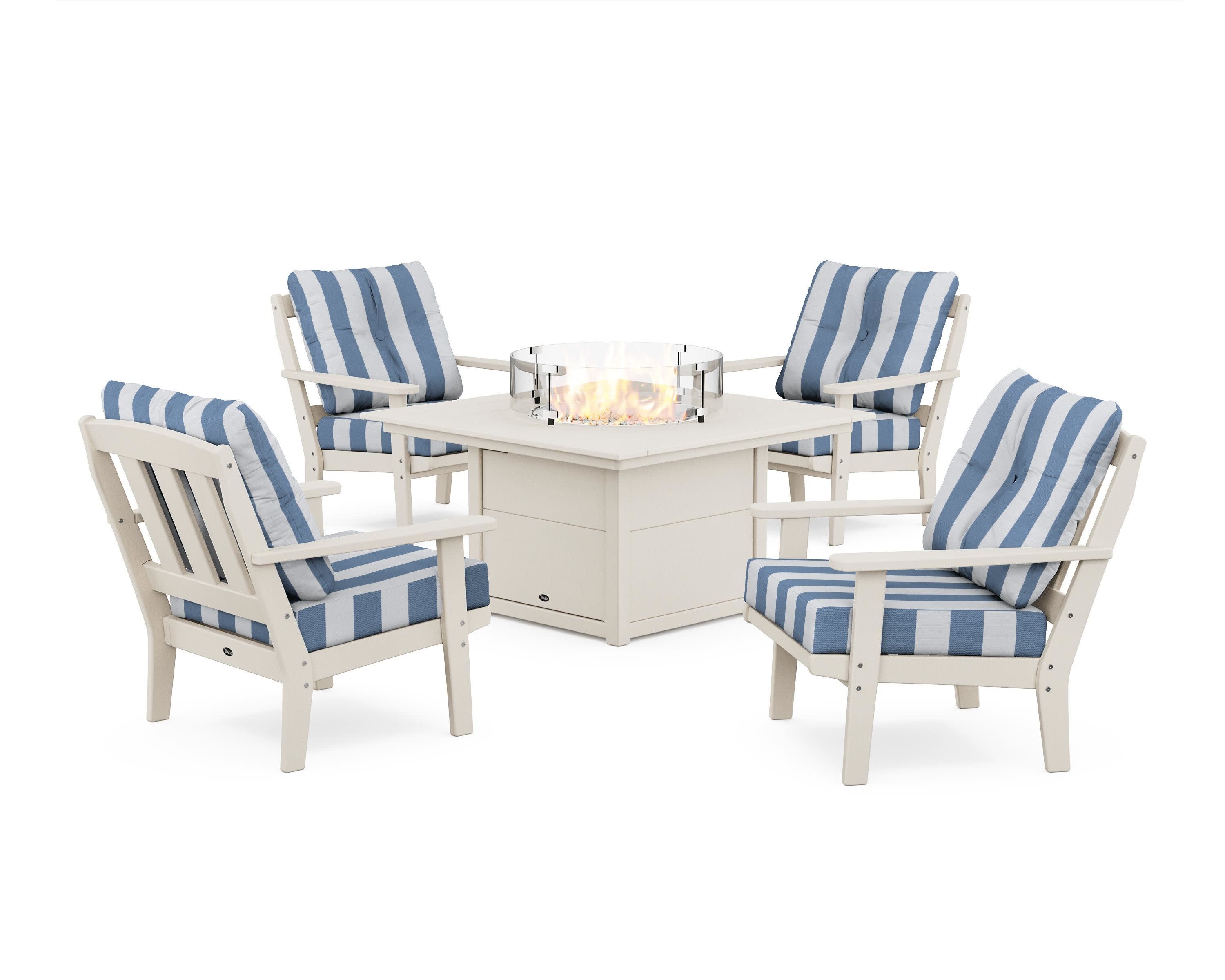 Cape Cod 5-Piece Deep Seating Set with Fire Pit Table in Sand Castle / Cabana Stripe Sky Blue