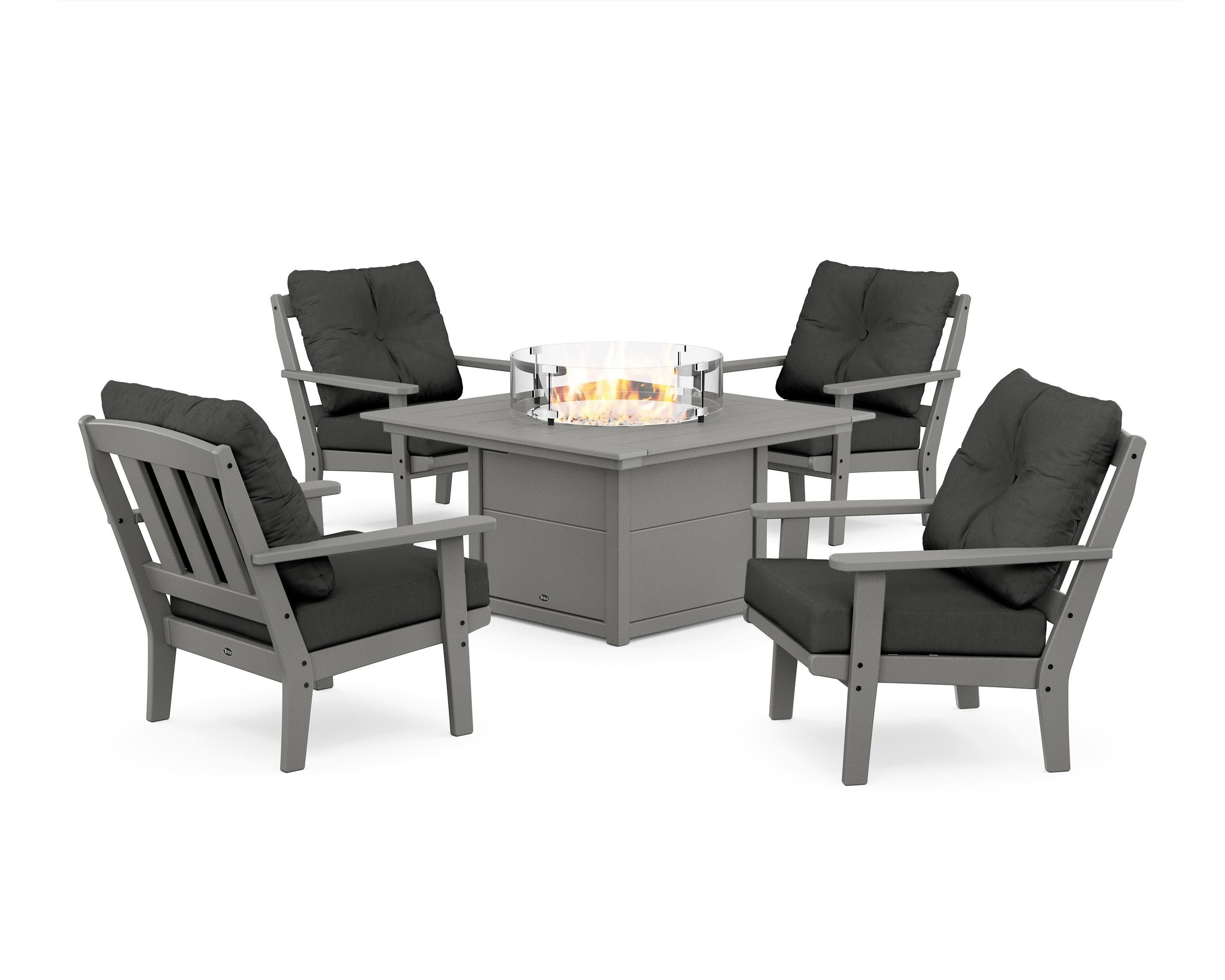 Cape Cod 5-Piece Deep Seating Set with Fire Pit Table in Stepping Stone / Spectrum Carbon