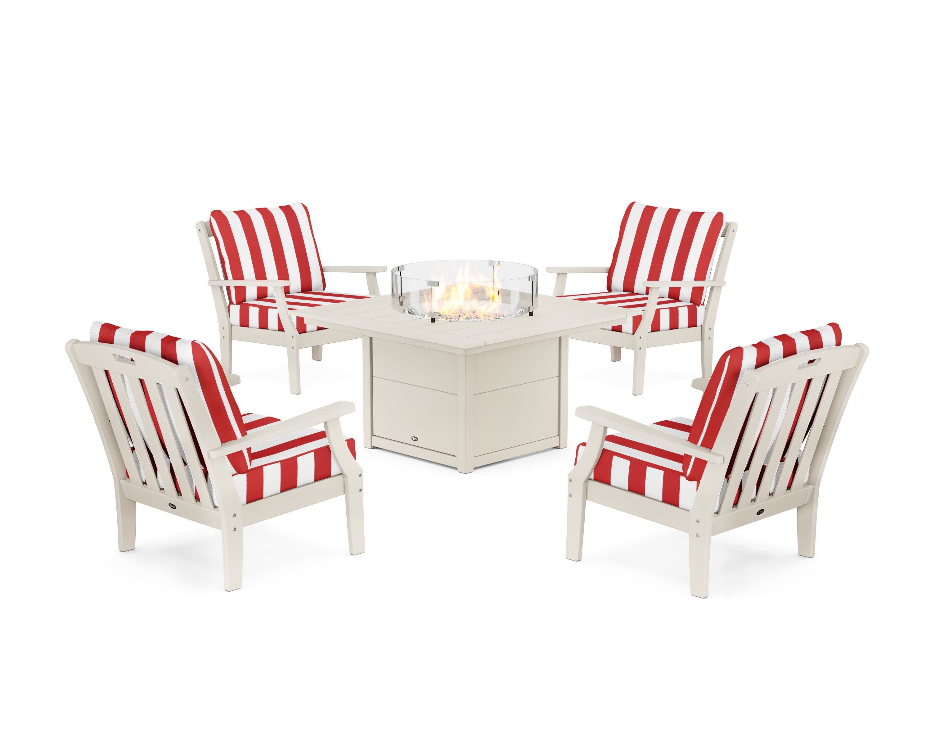 Yacht Club 5-Piece Deep Seating Set with Square Fire Pit Table in Sand Castle / Cabana Stripe Crimson