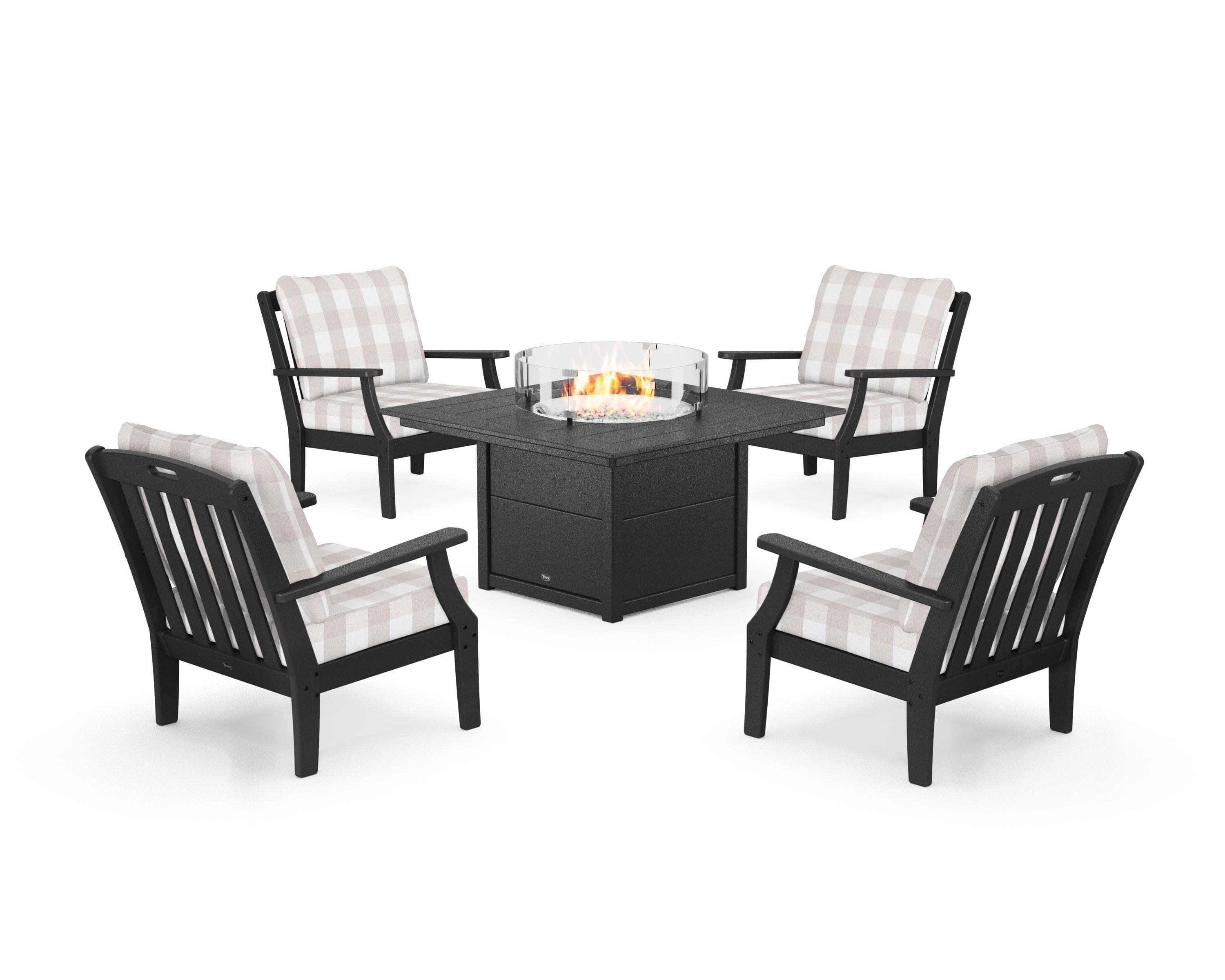 Yacht Club 5-Piece Deep Seating Set with Square Fire Pit Table in Charcoal Black / Buffalo Plaid Dune Burlap