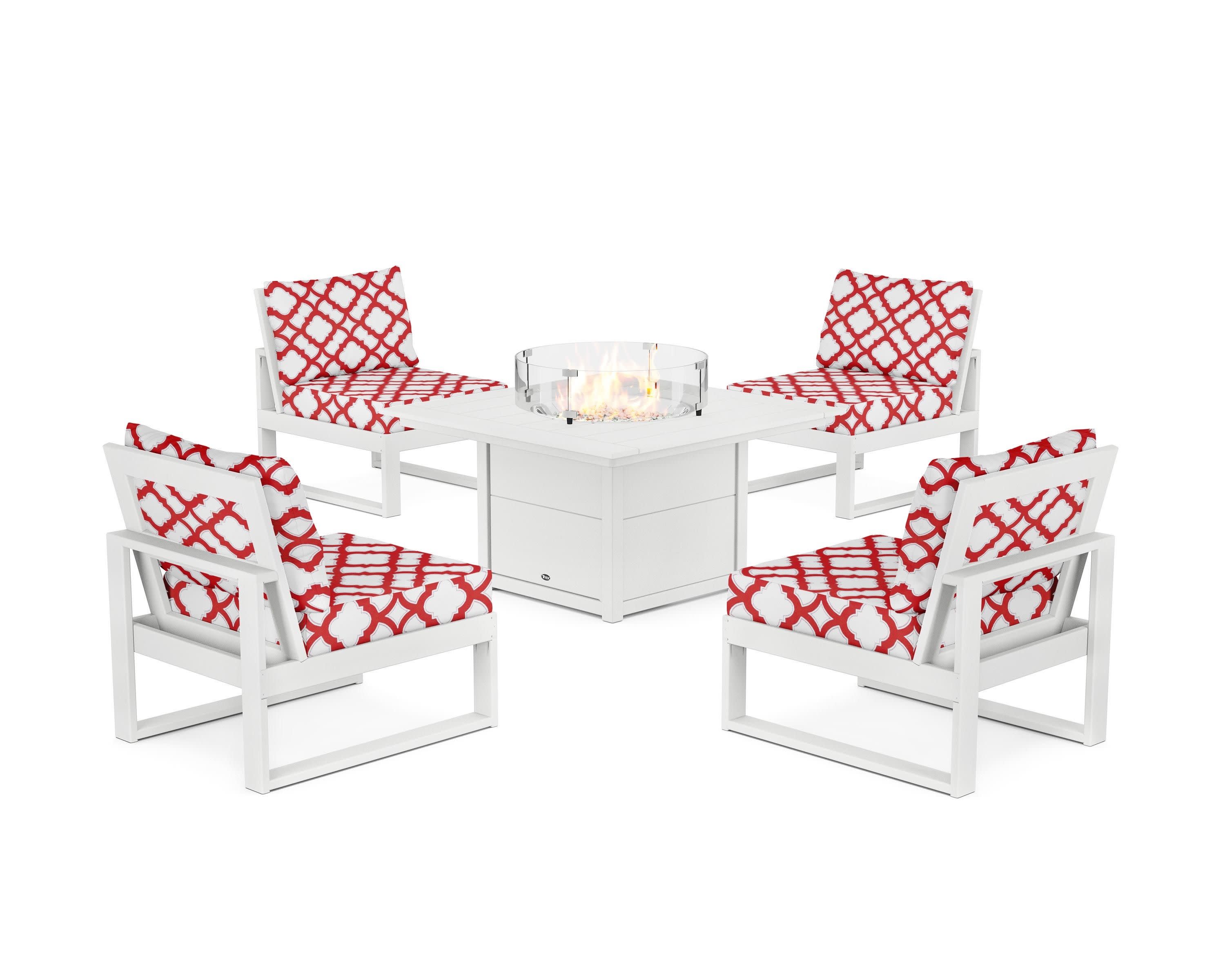 Eastport Modular 5-Piece Deep Seating Set with Square Fire Pit Table in Classic White / Trellis Crimson