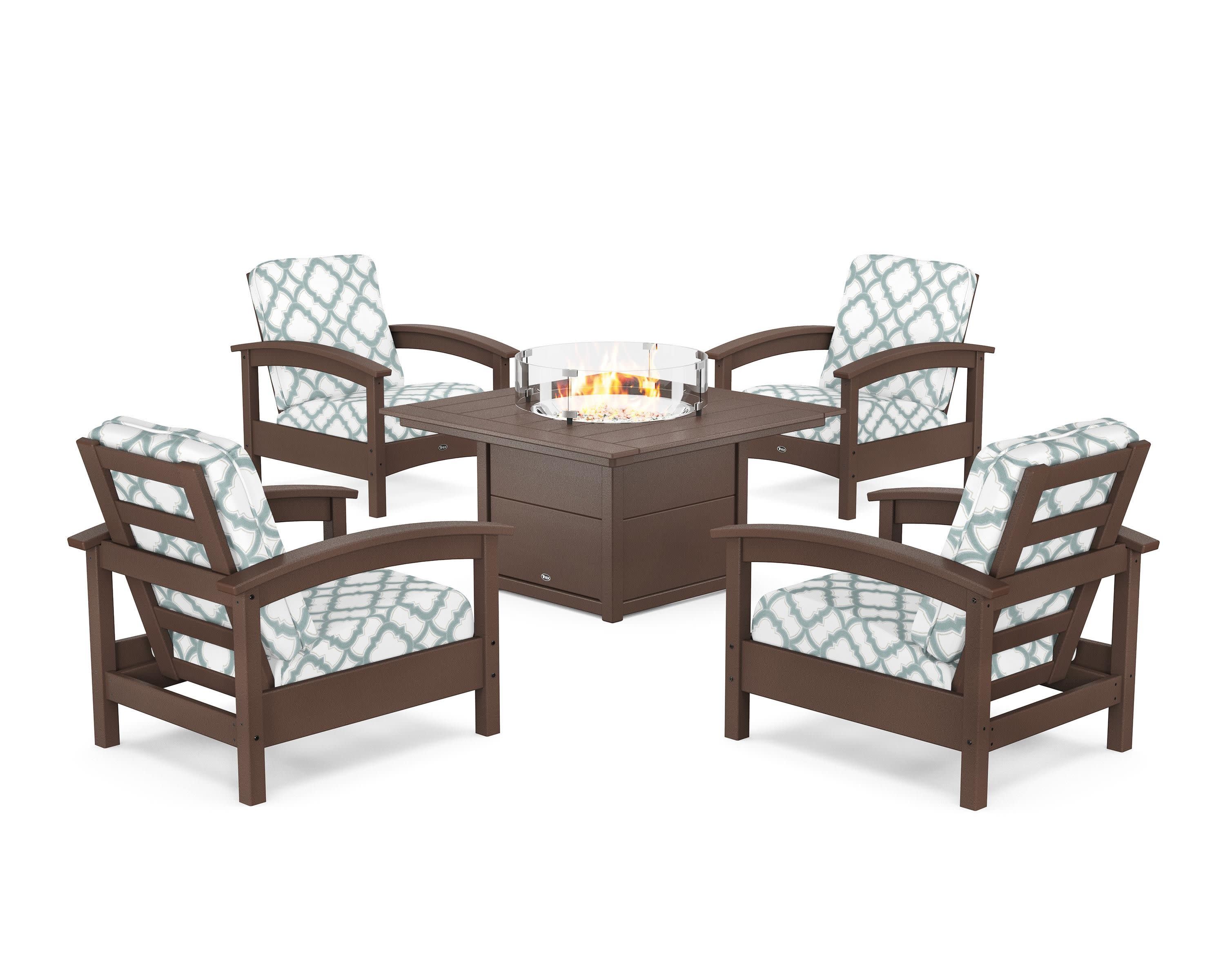 Rockport 5-Piece Deep Seating Set with Square Fire Pit Table in Vintage Lantern / Trellis Glacier Spa