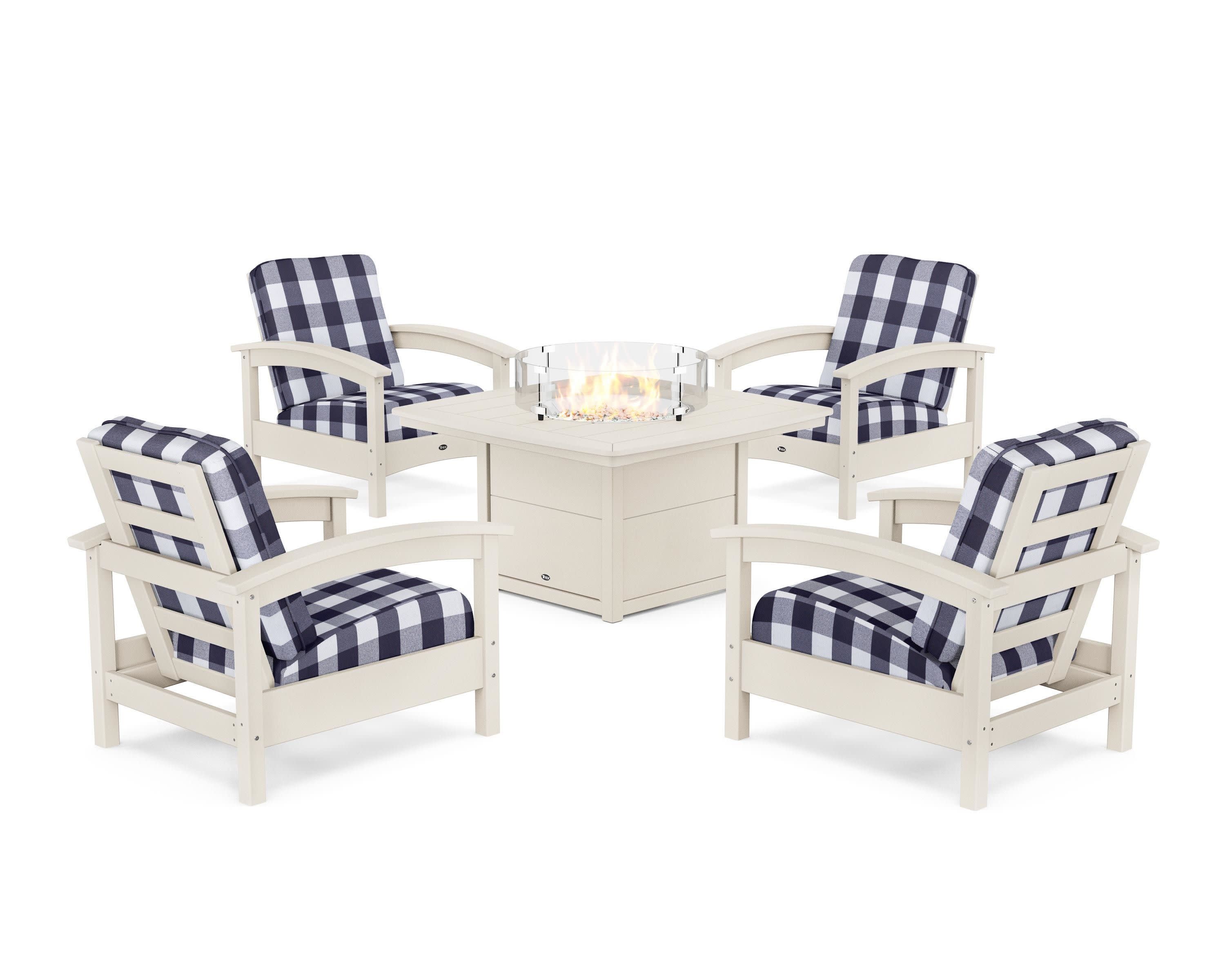 Rockport 5-Piece Deep Seating Set with Yacht Club Fire Pit Table in Sand Castle / Buffalo Plaid Navy
