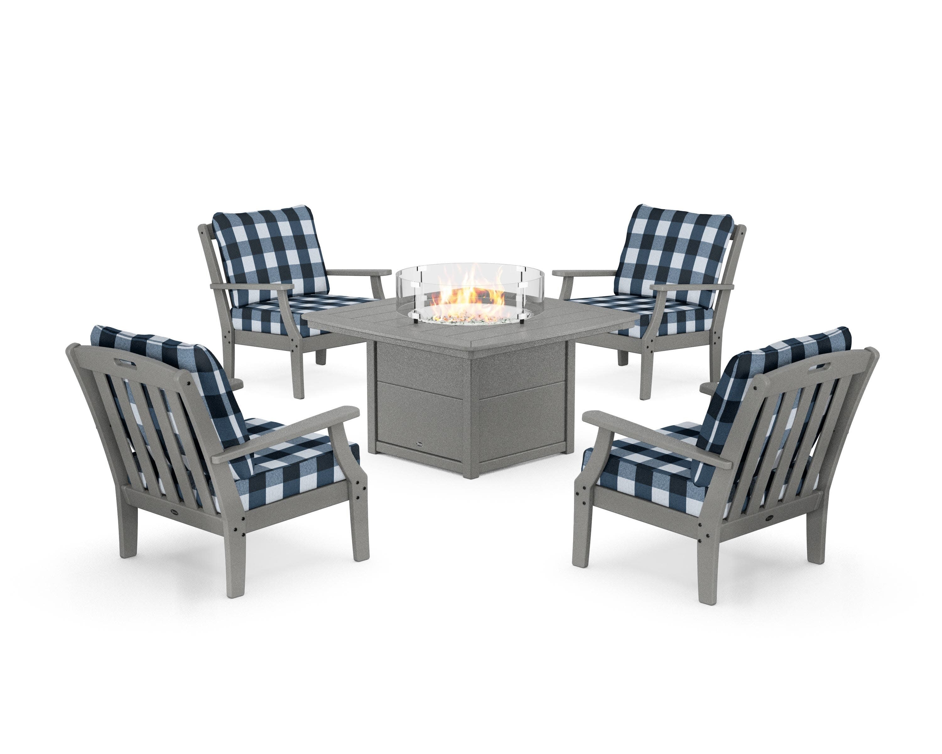 Yacht Club 5-Piece Deep Seating Set with Fire Pit Table in Stepping Stone / Buffalo Plaid Marine Indigo