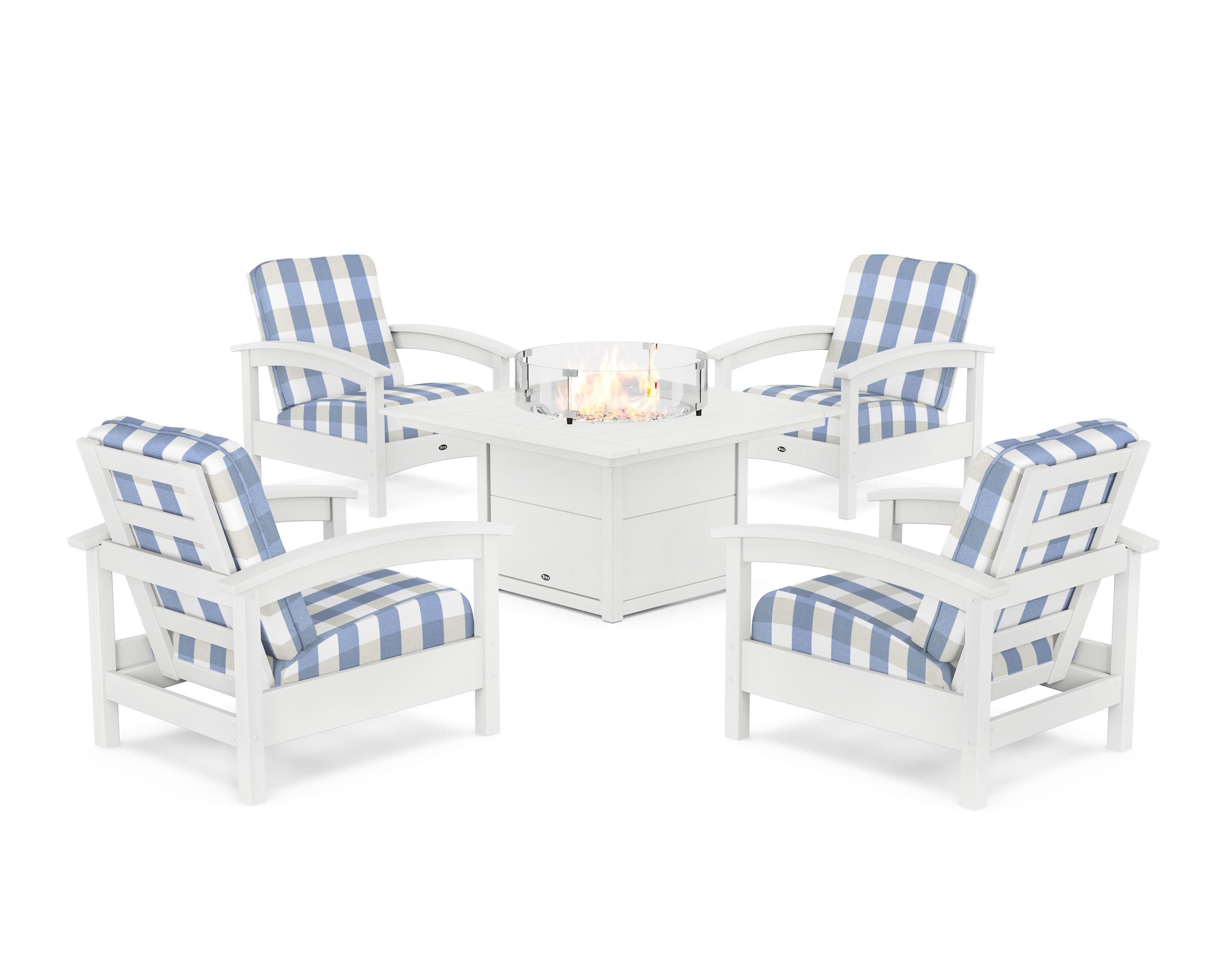 Rockport 5-Piece Deep Seating Set with Square Fire Pit Table in Classic White / Buffalo Plaid Sky Blue