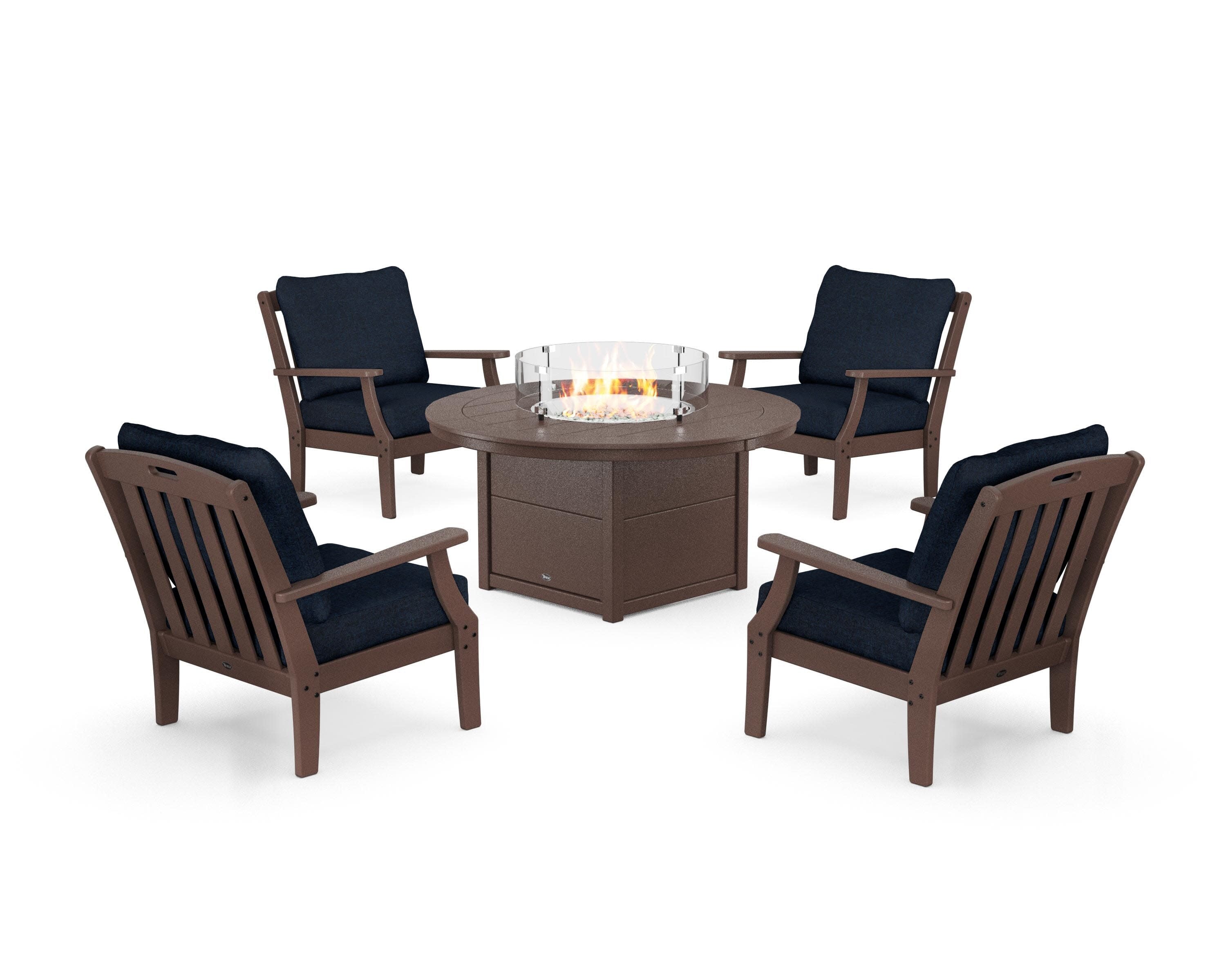 Yacht Club 5-Piece Deep Seating Set with Round Fire Pit Table in Vintage Lantern / Marine Indigo
