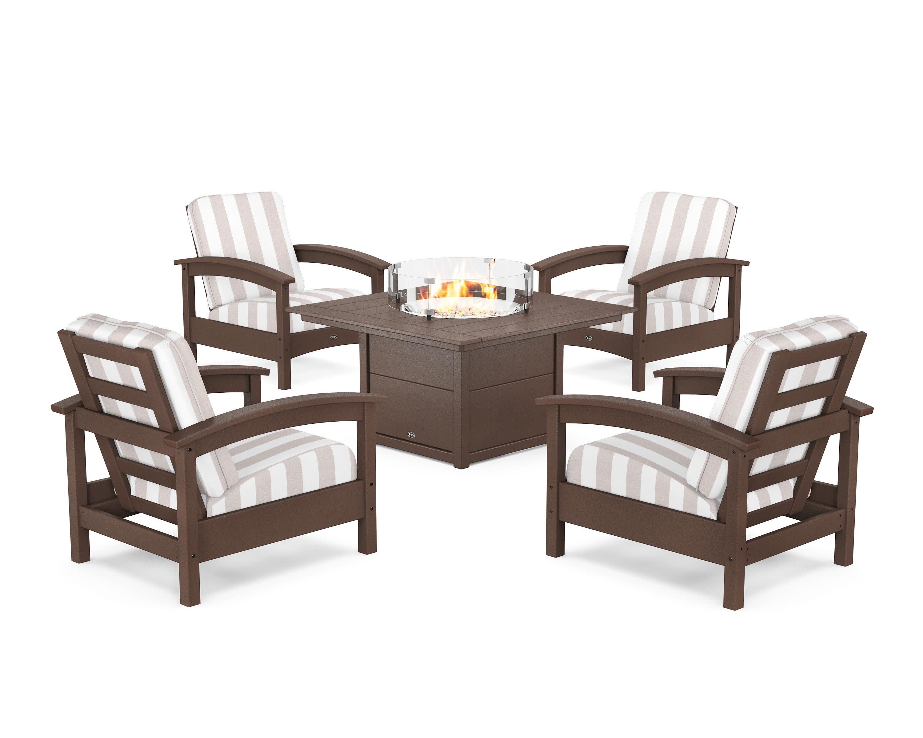 Rockport 5-Piece Deep Seating Set with Square Fire Pit Table in Vintage Lantern / Cabana Stripe Dune Burlap