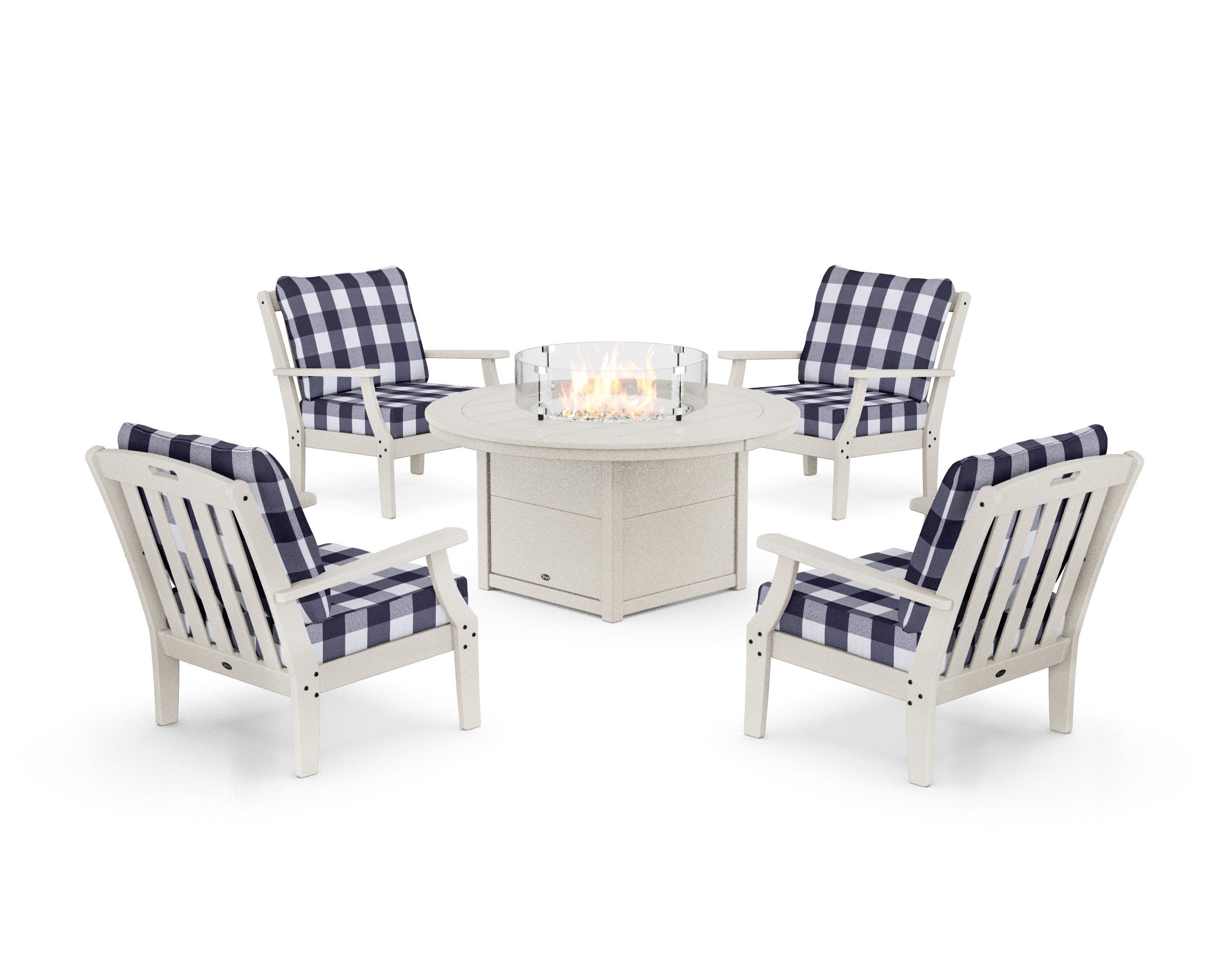 Yacht Club 5-Piece Deep Seating Set with Round Fire Pit Table in Sand Castle / Buffalo Plaid Navy