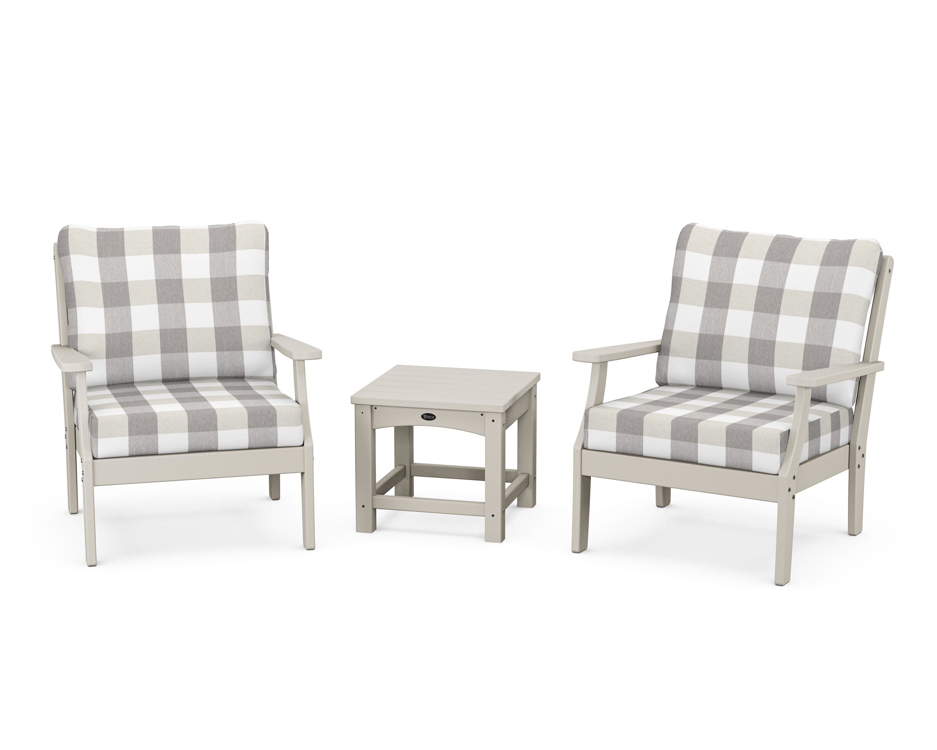 Yacht Club 3-Piece Deep Seating Set in Sand Castle / Buffalo Plaid Grey Mist