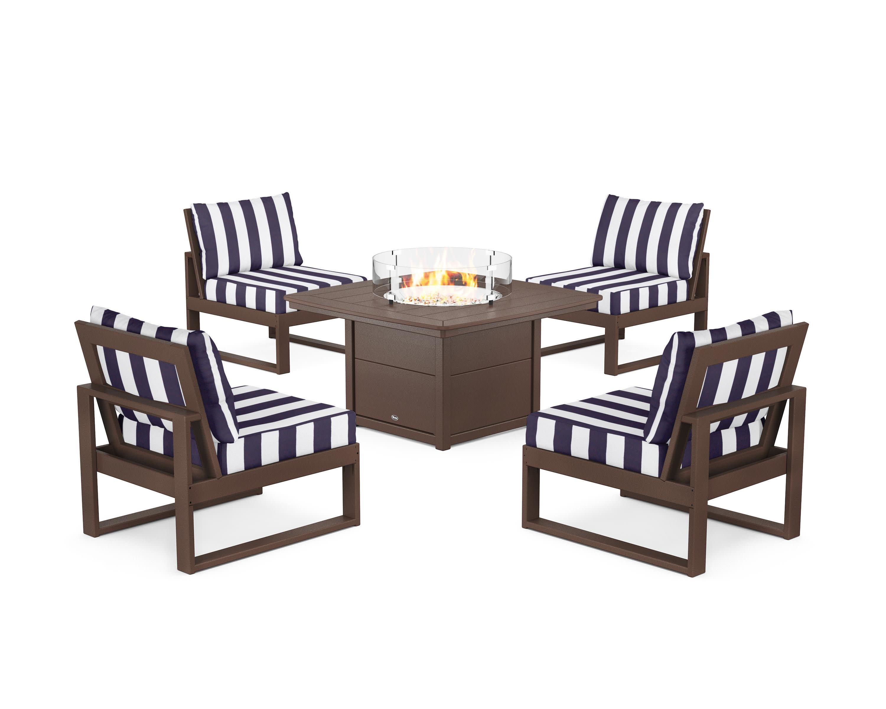 Eastport Modular 5-Piece Deep Seating Set with Yacht Club Fire Pit Table in Vintage Lantern / Cabana Stripe Navy
