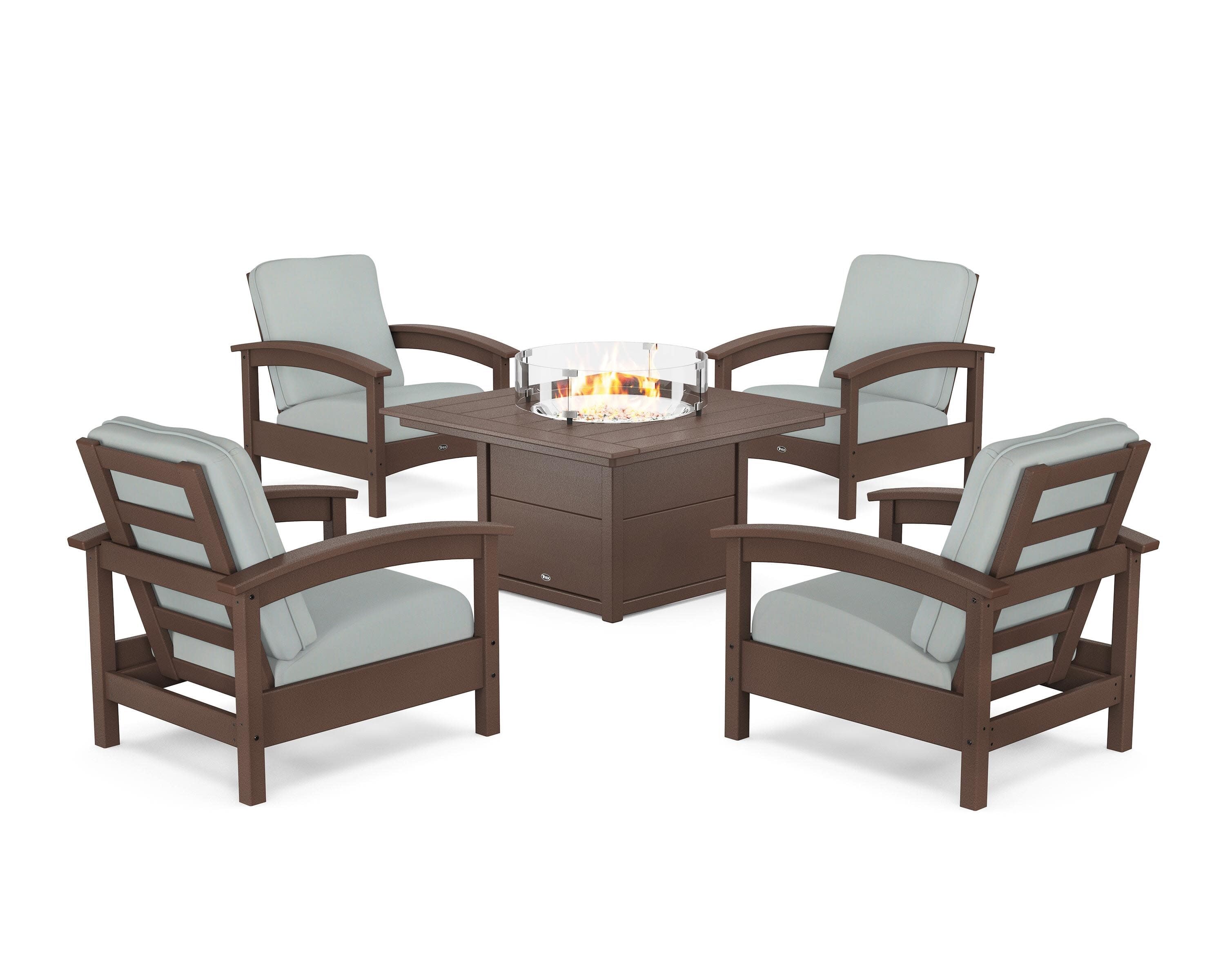 Rockport 5-Piece Deep Seating Set with Square Fire Pit Table in Vintage Lantern / Spa