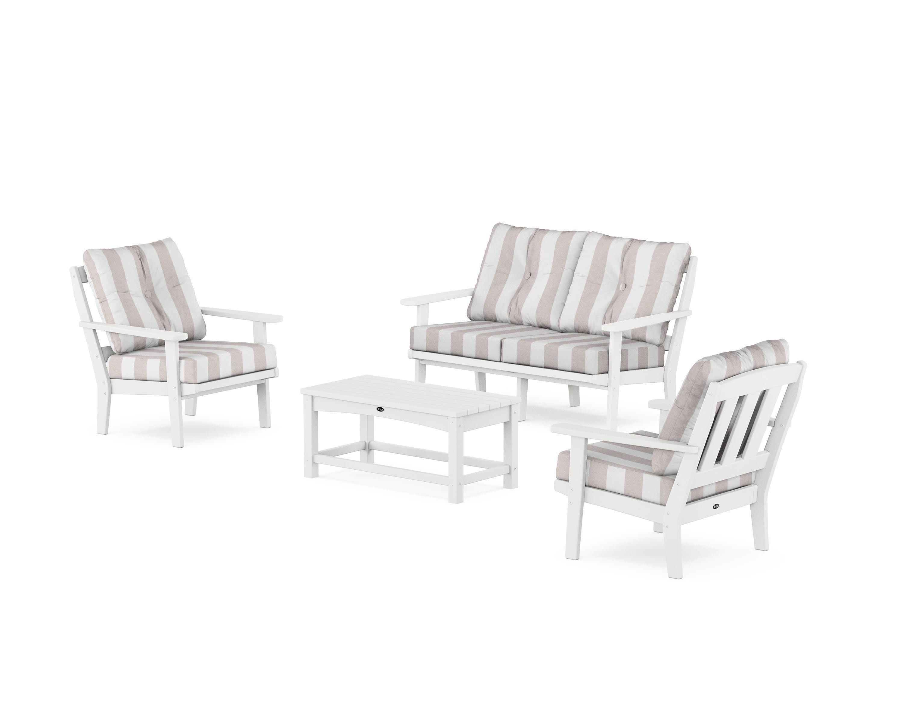 Cape Cod 4-Piece Deep Seating Set with Loveseat in Classic White / Cabana Stripe Dune Burlap