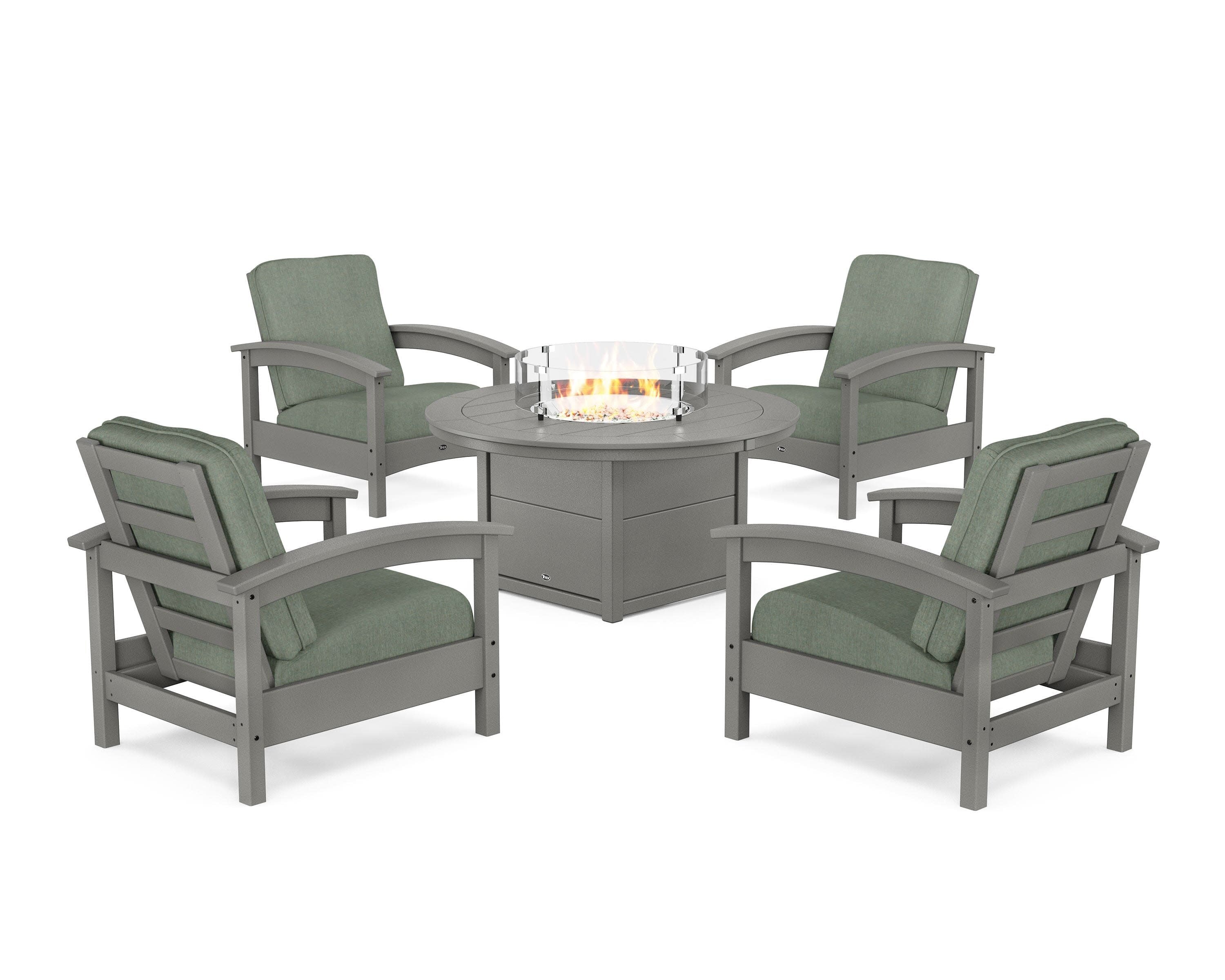 Rockport 5-Piece Deep Seating Set with Round Fire Pit Table in Stepping Stone / Cast Sage
