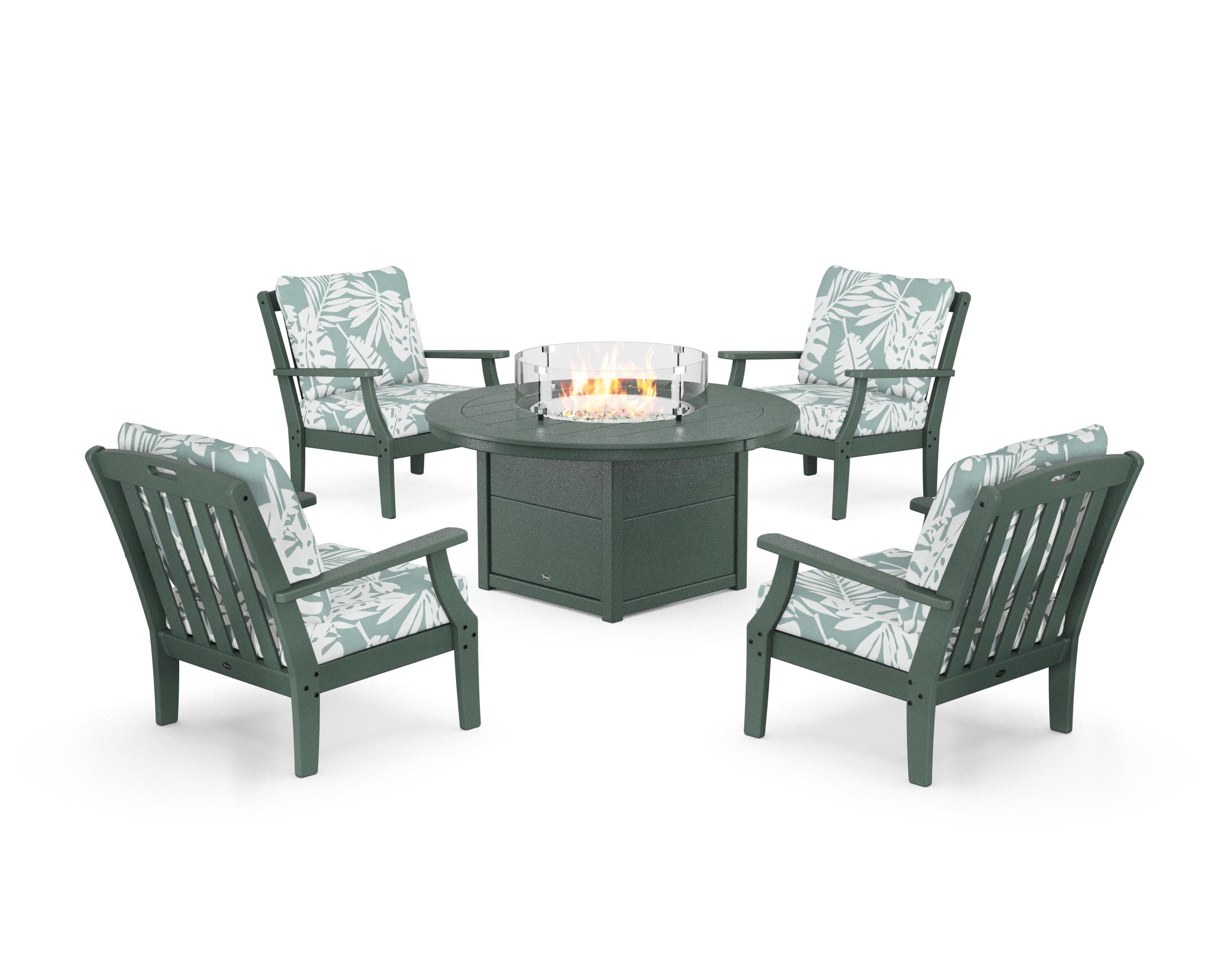 Yacht Club 5-Piece Deep Seating Set with Round Fire Pit Table in Rainforest Canopy / Leaf Glacier Spa