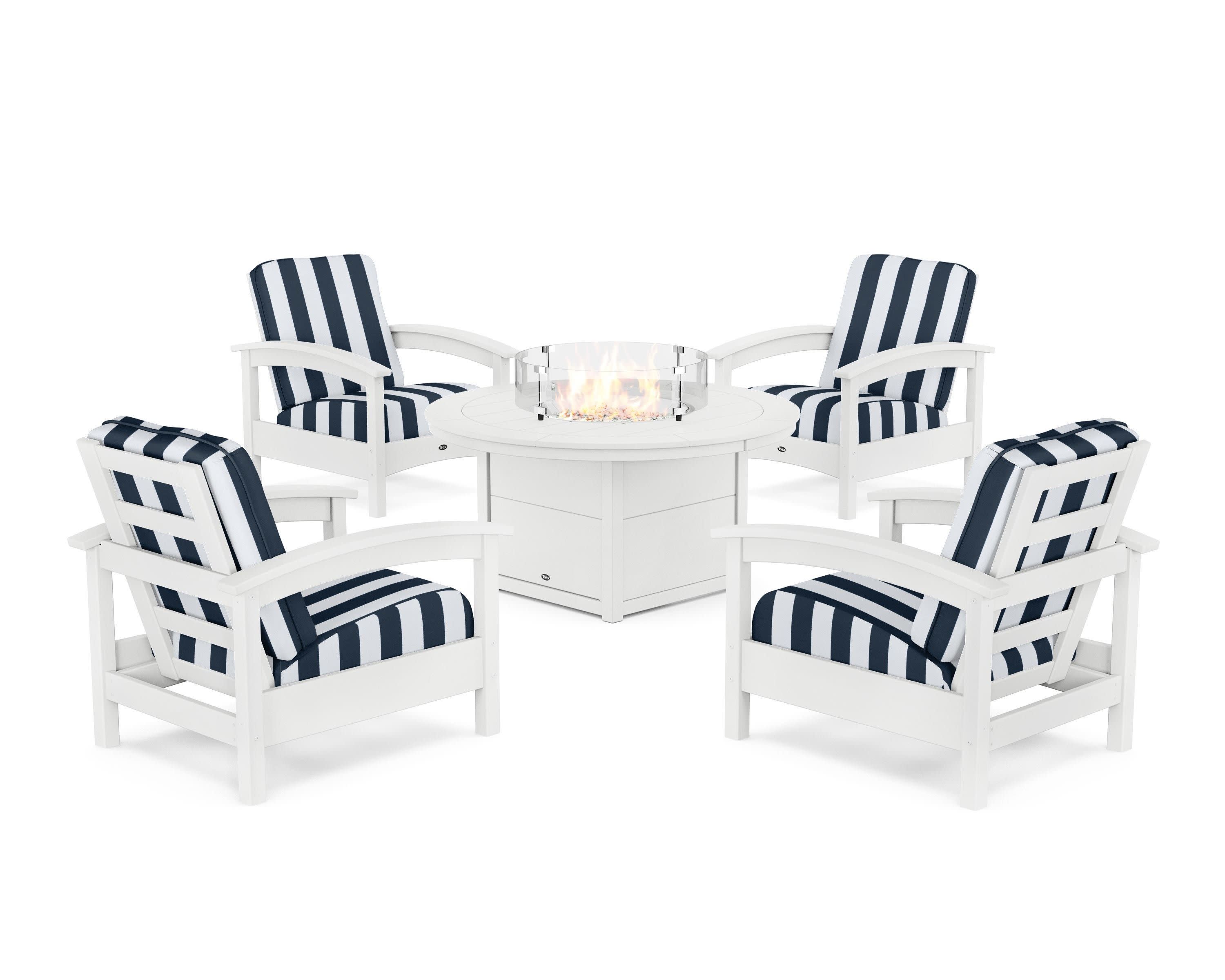 Rockport 5-Piece Deep Seating Set with Round Fire Pit Table in Classic White / Cabana Stripe Marine Indigo