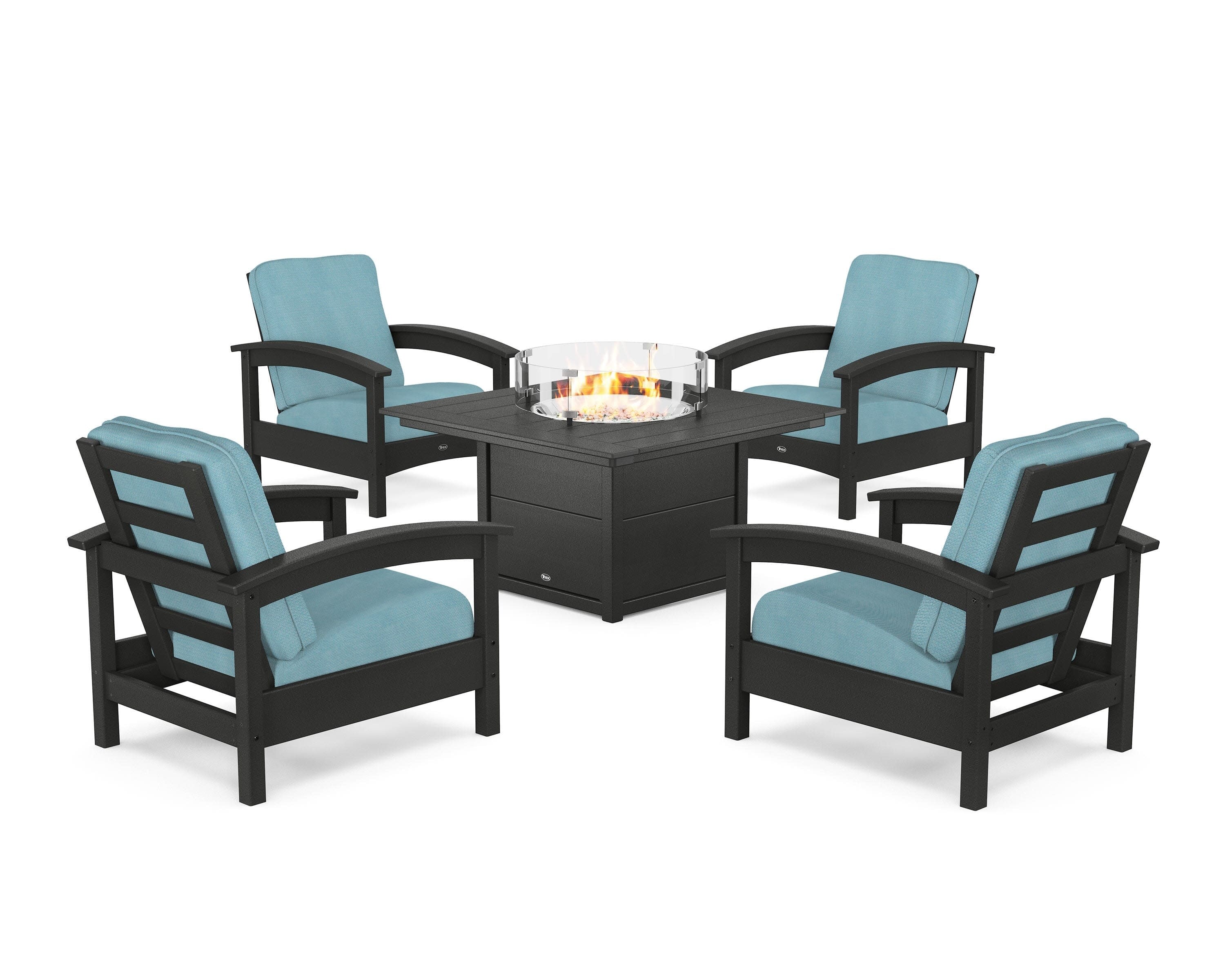 Rockport 5-Piece Deep Seating Set with Square Fire Pit Table in Charcoal Black / Lattice Sky Blue