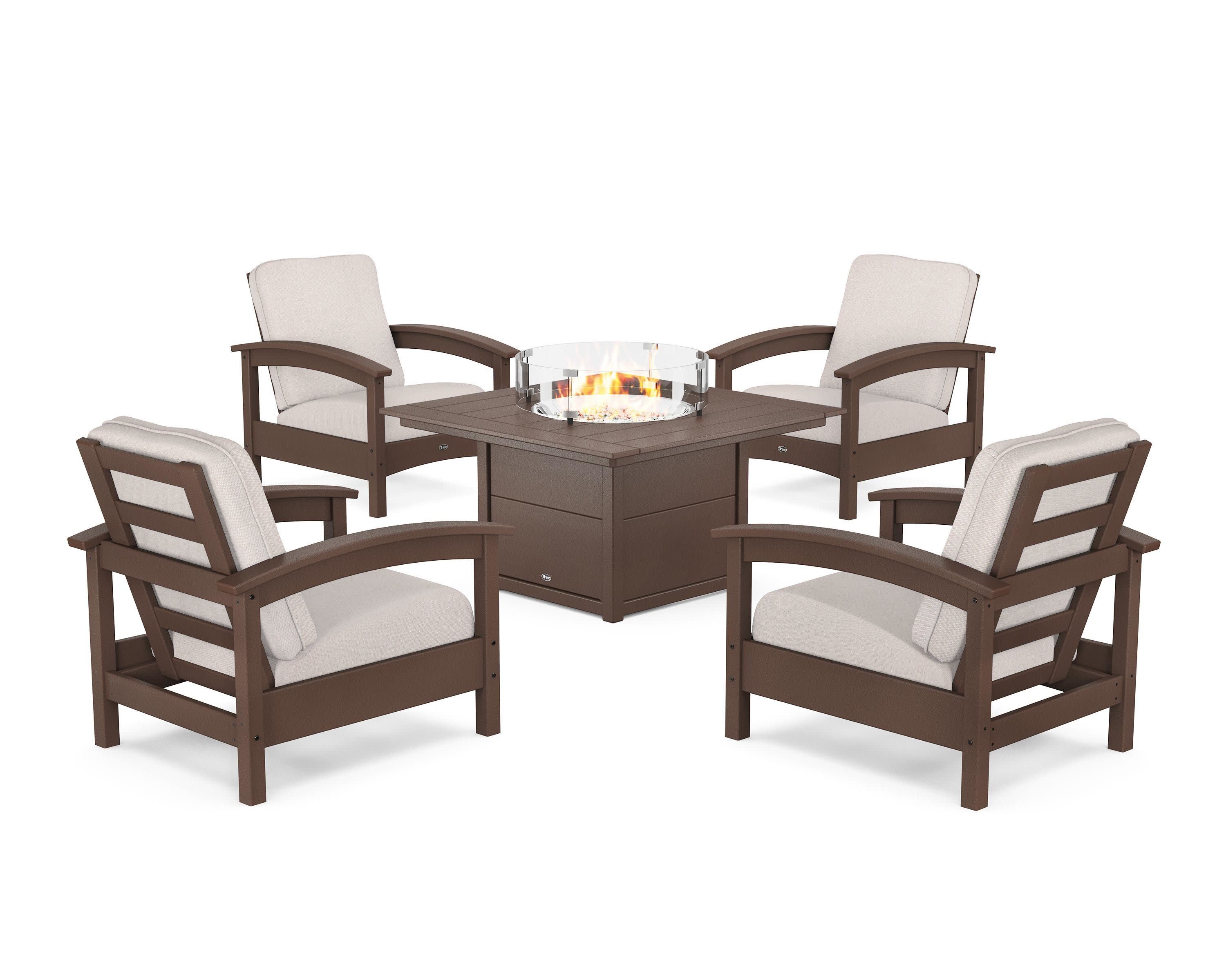 Rockport 5-Piece Deep Seating Set with Square Fire Pit Table in Vintage Lantern / Dune Burlap