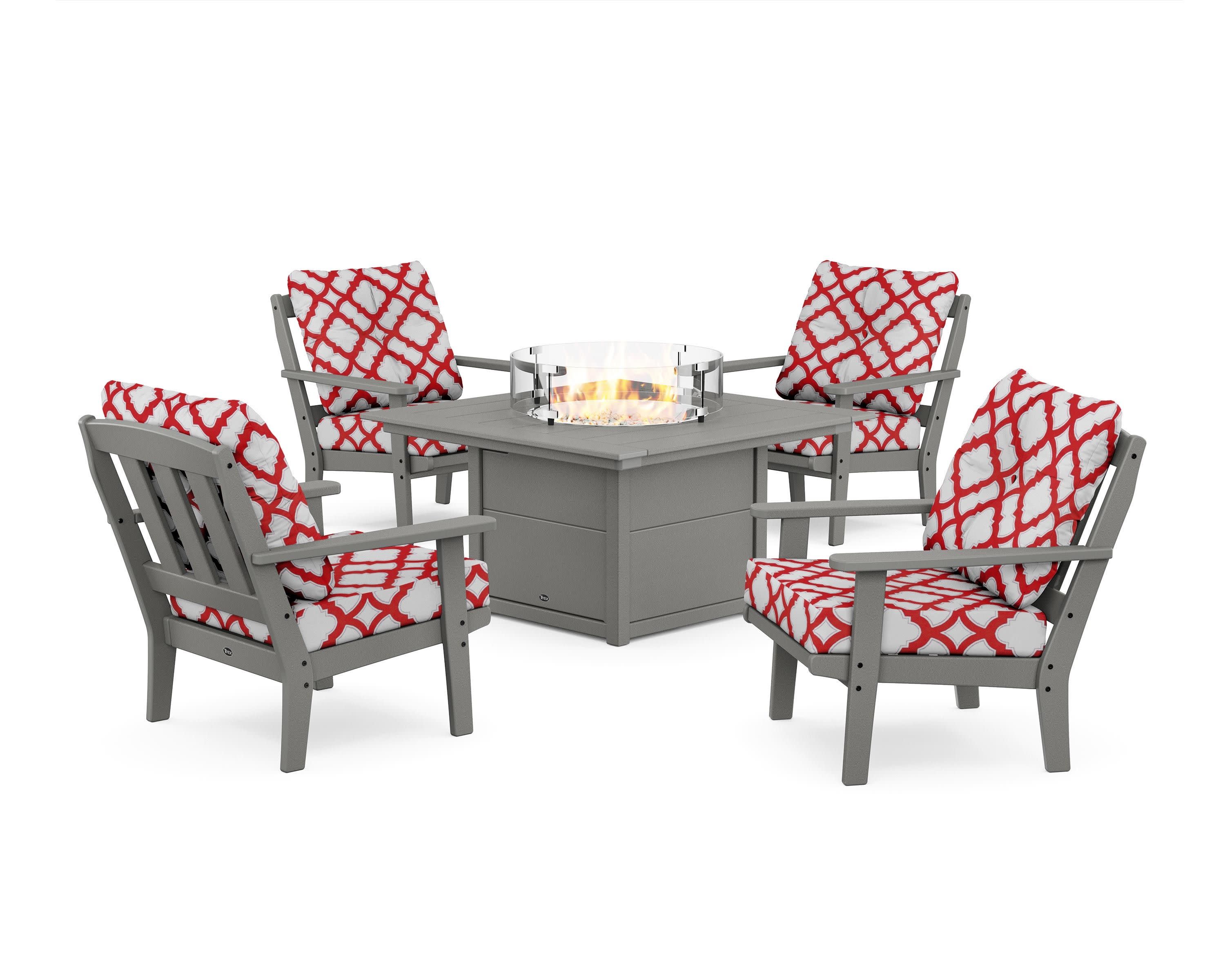 Cape Cod 5-Piece Deep Seating Set with Fire Pit Table in Stepping Stone / Trellis Crimson