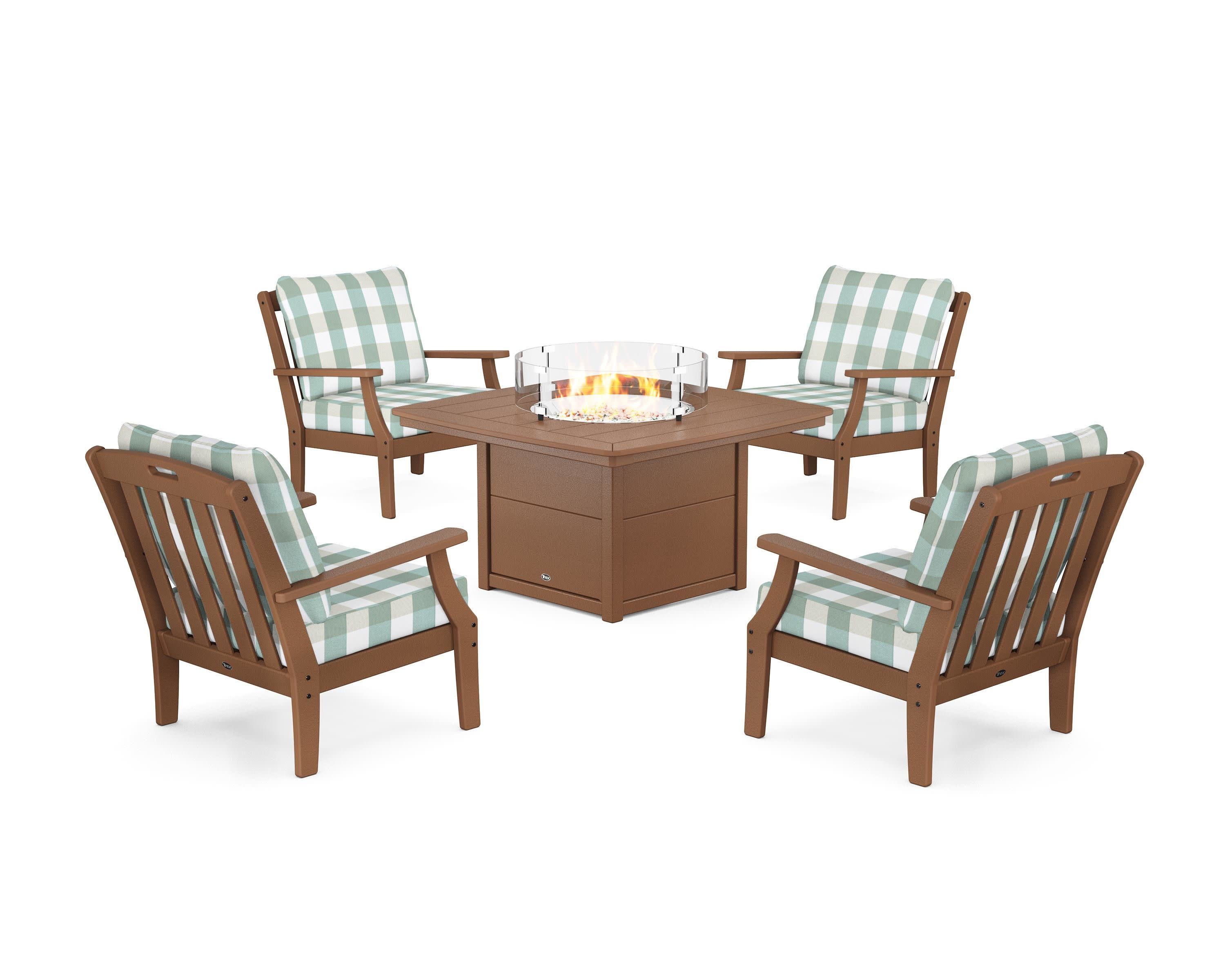 Yacht Club 5-Piece Deep Seating Set with Fire Pit Table in Tree House / Buffalo Plaid Glacier Spa