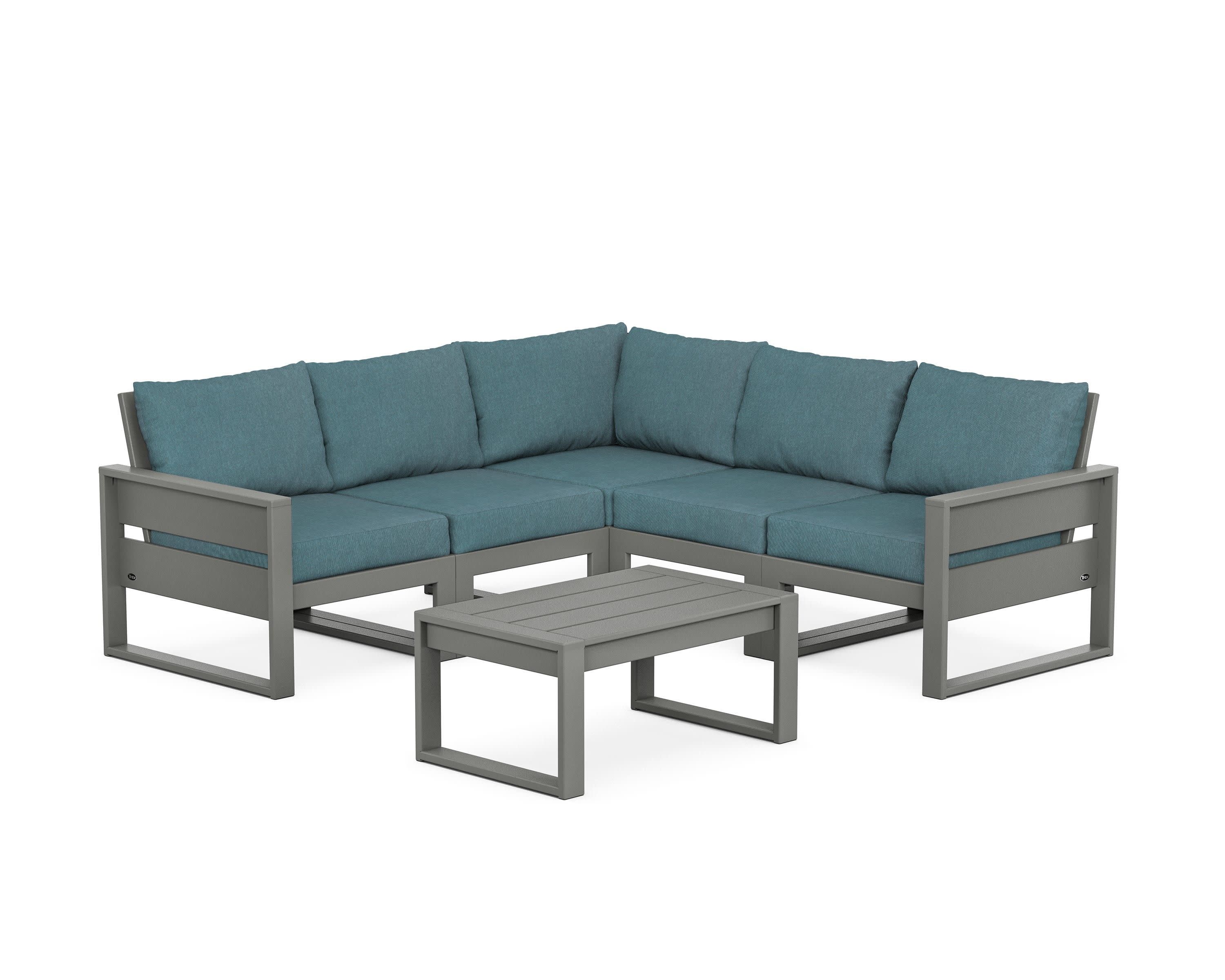 Eastport 6-Piece Deep Seating Sectional + Coffee Table Set in Stepping Stone / Ocean Teal