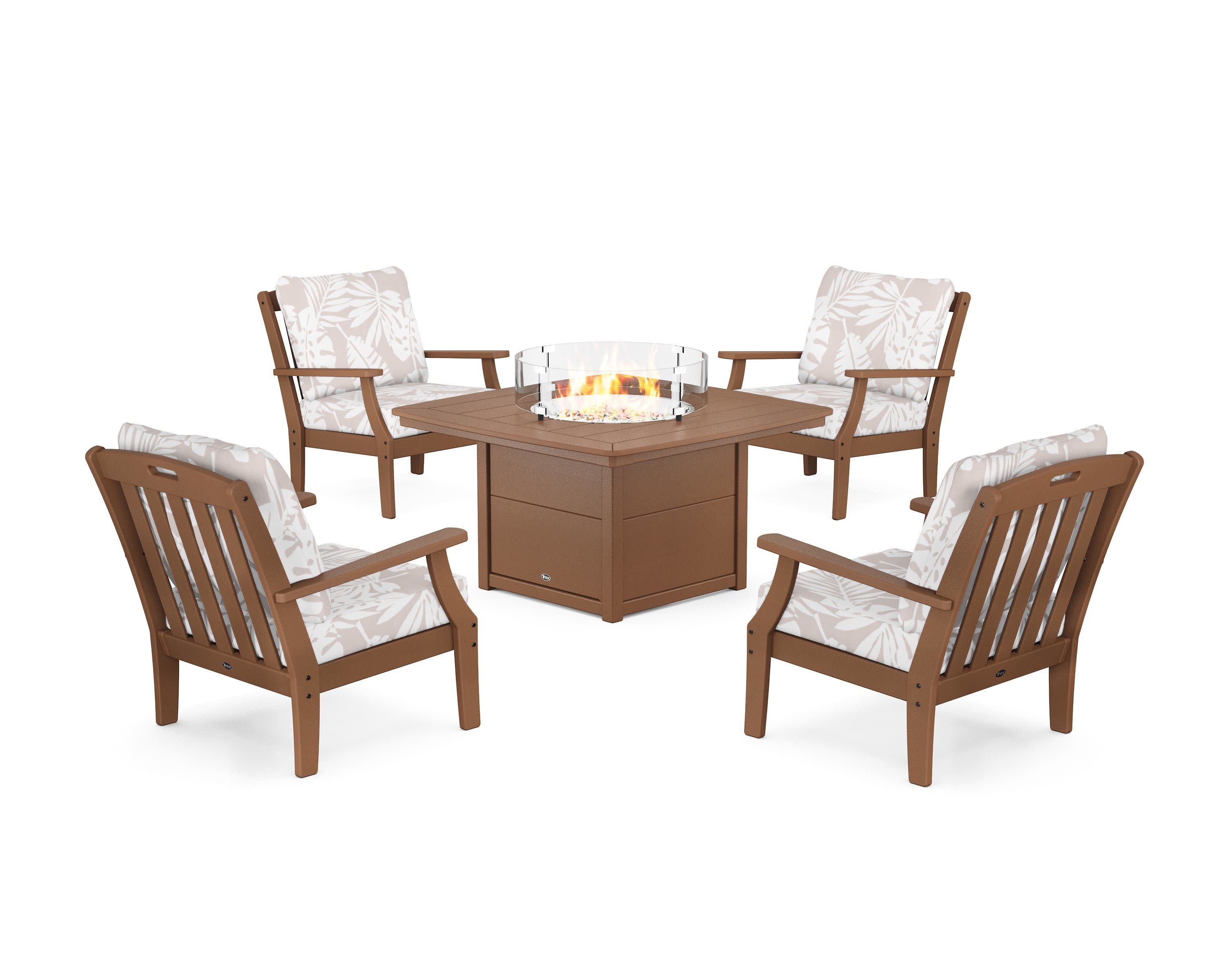 Yacht Club 5-Piece Deep Seating Set with Fire Pit Table in Tree House / Leaf Dune Burlap