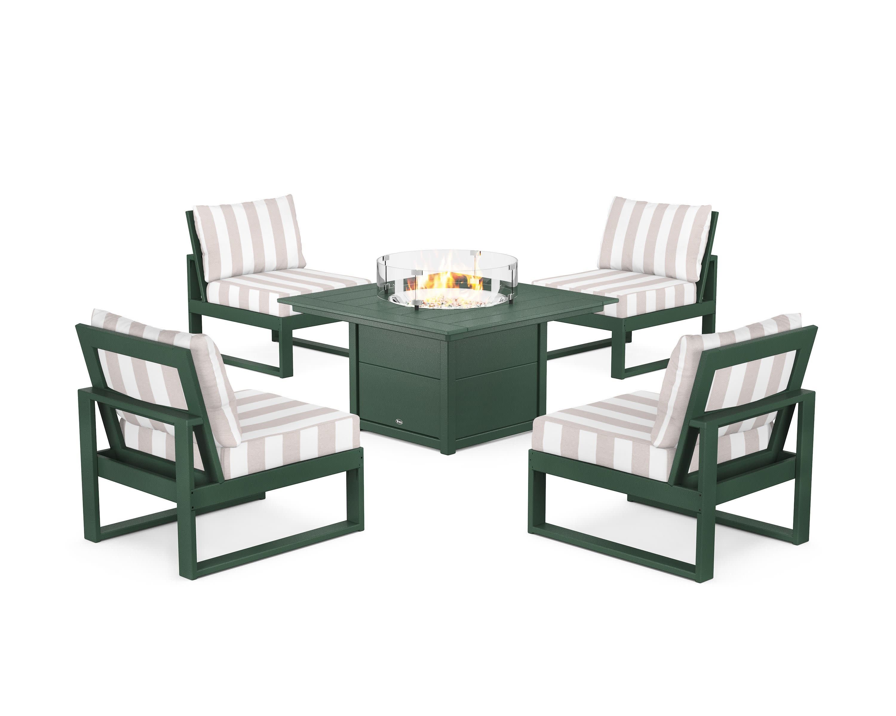 Eastport Modular 5-Piece Deep Seating Set with Square Fire Pit Table in Rainforest Canopy / Cabana Stripe Dune Burlap
