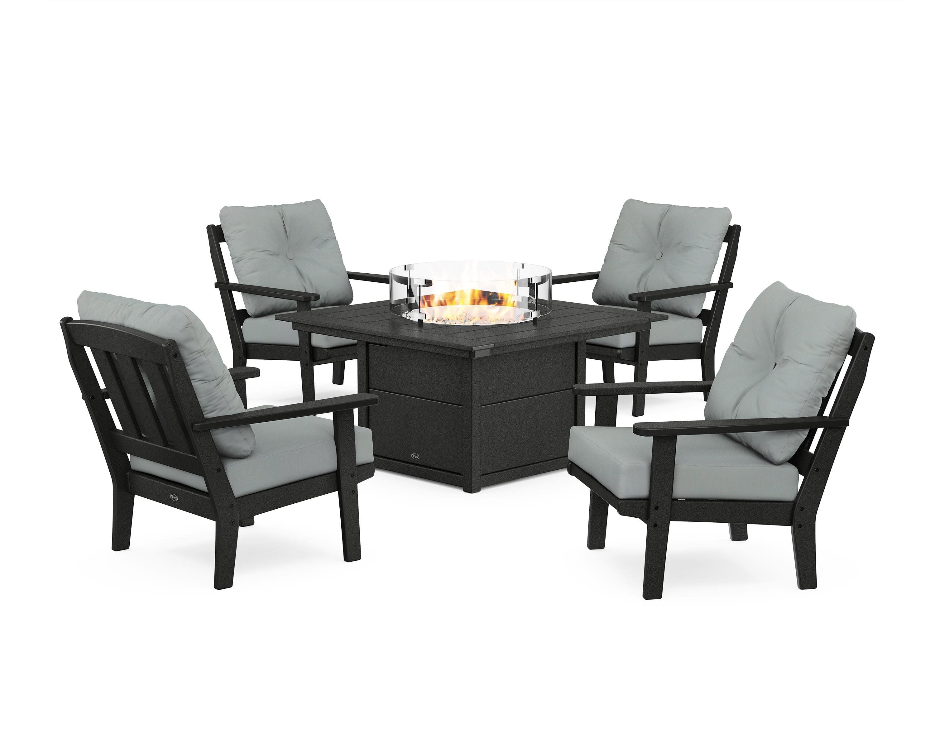Cape Cod 5-Piece Deep Seating Set with Fire Pit Table in Charcoal Black / Spa
