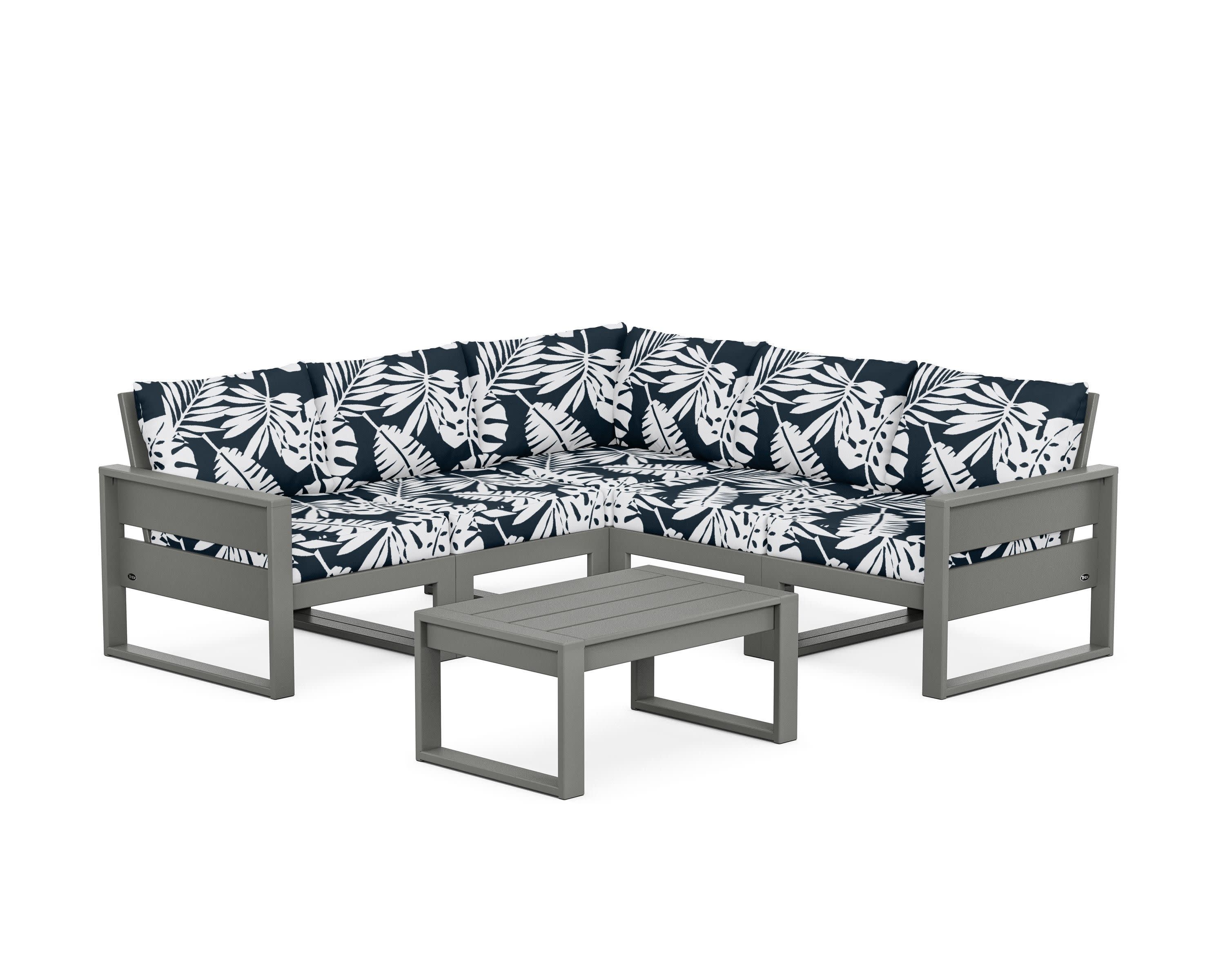 Eastport 6-Piece Deep Seating Sectional + Coffee Table Set in Stepping Stone / Leaf Marine Indigo