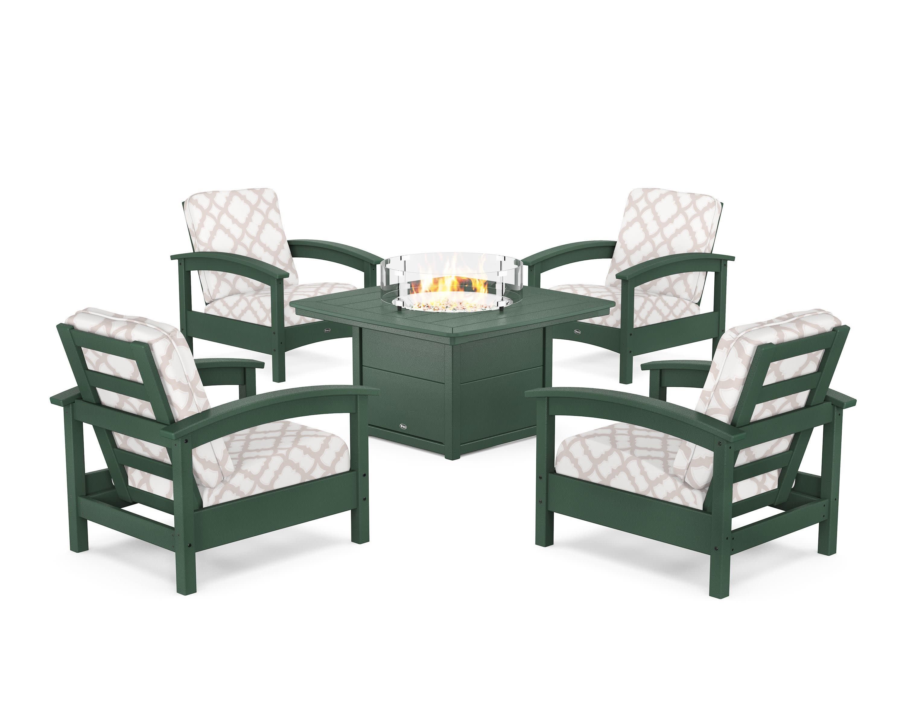 Rockport 5-Piece Deep Seating Set with Yacht Club Fire Pit Table in Rainforest Canopy / Trellis Dune Burlap