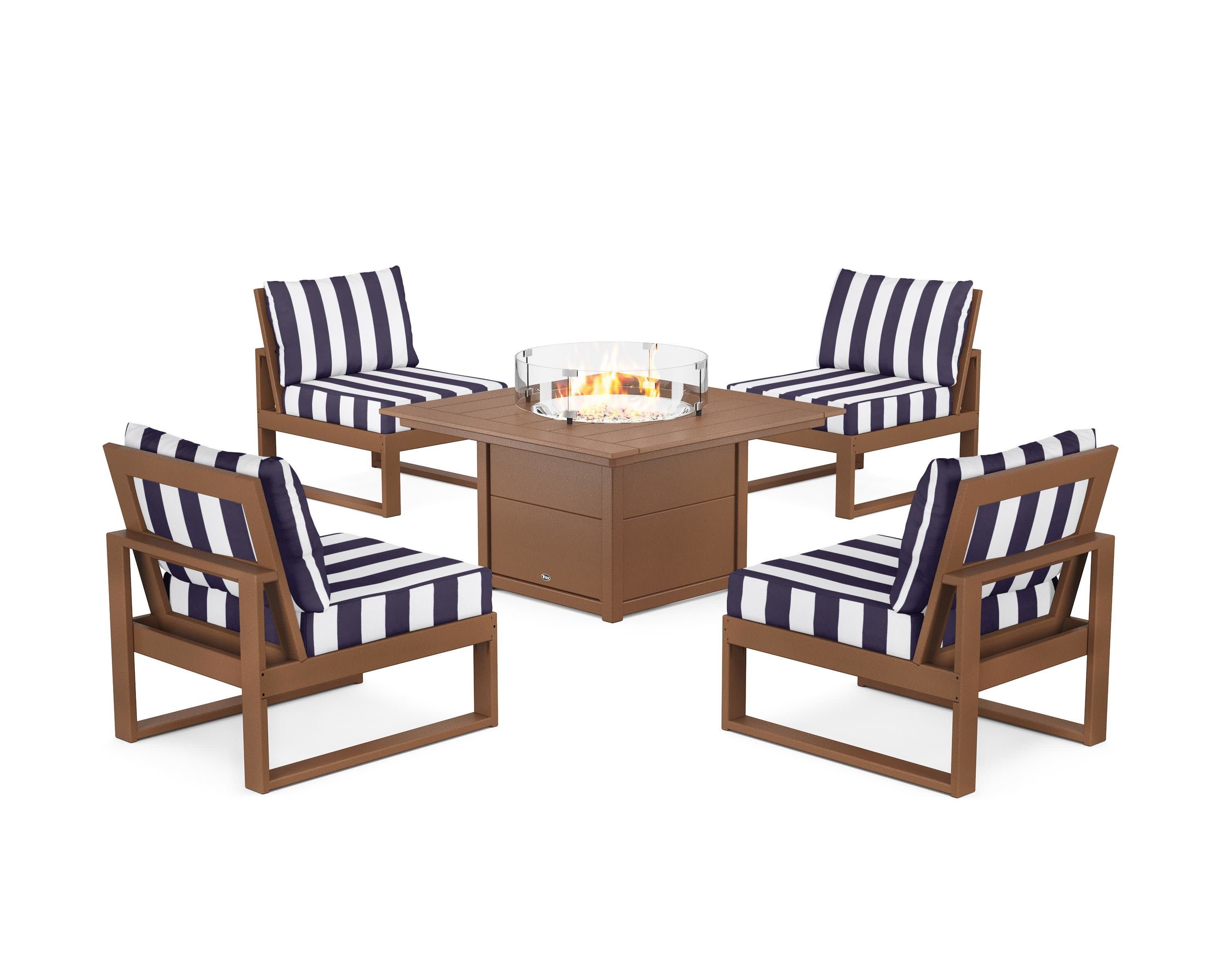 Eastport Modular 5-Piece Deep Seating Set with Square Fire Pit Table in Tree House / Cabana Stripe Navy