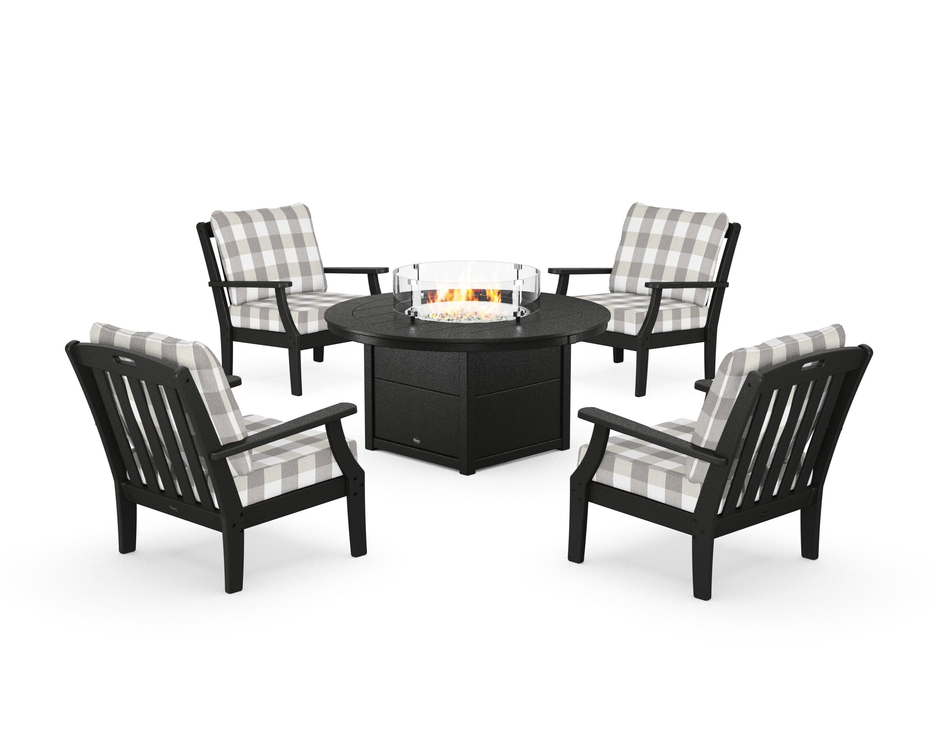 Yacht Club 5-Piece Deep Seating Set with Round Fire Pit Table in Charcoal Black / Buffalo Plaid Grey Mist