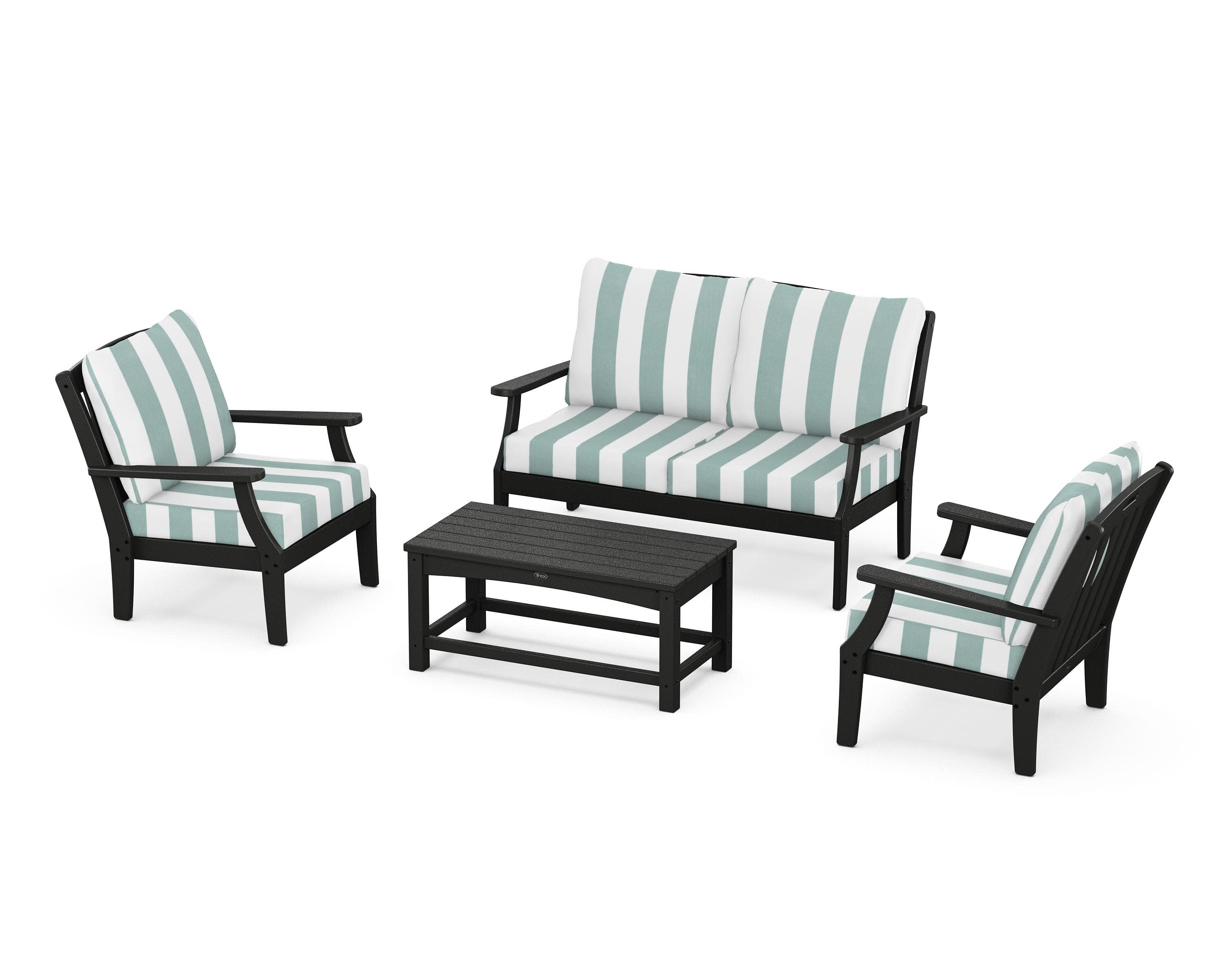 Yacht Club 4-Piece Deep Seating Chair Set in Charcoal Black / Cabana Stripe Glacier Spa