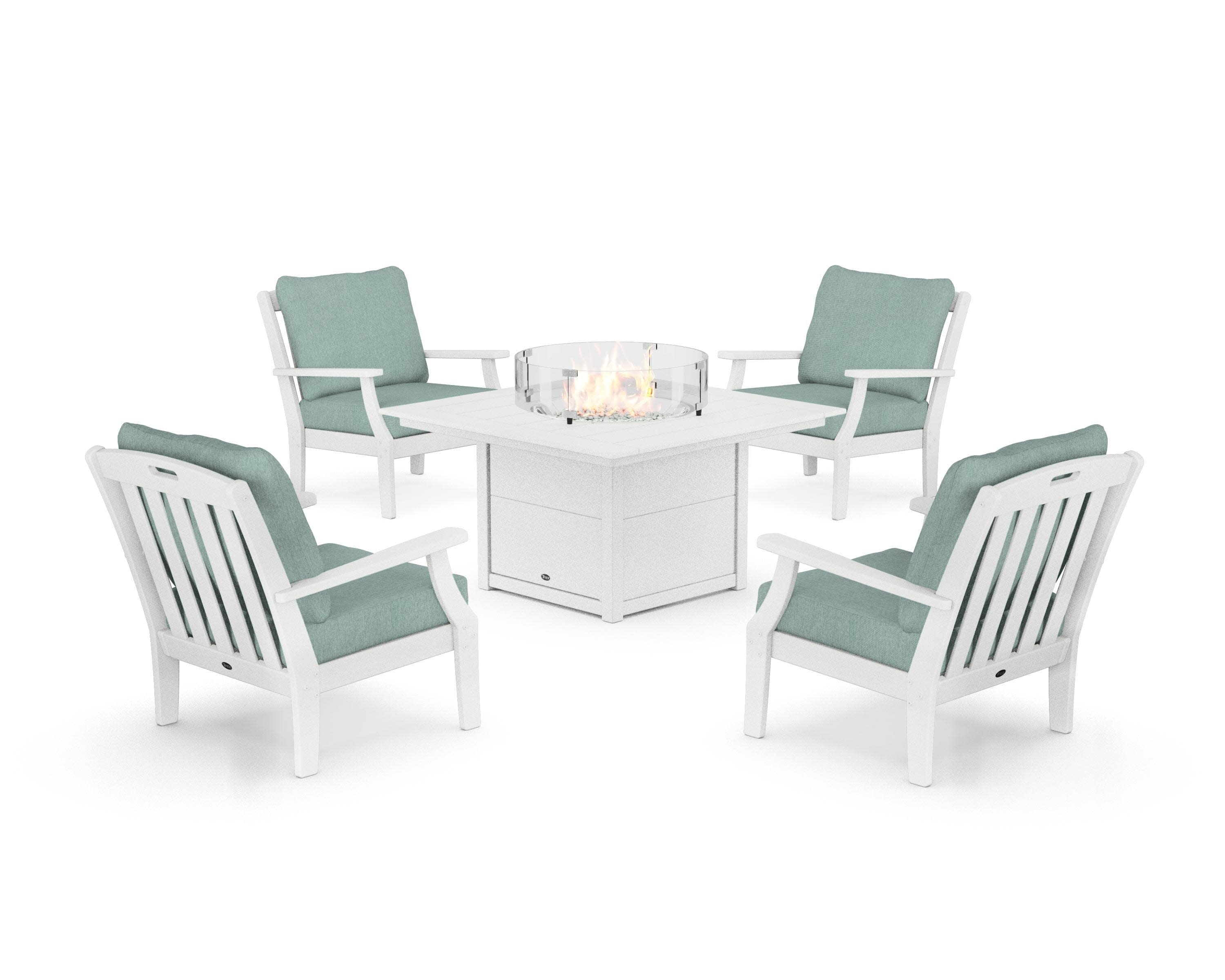 Yacht Club 5-Piece Deep Seating Set with Square Fire Pit Table in Classic White / Glacier Spa