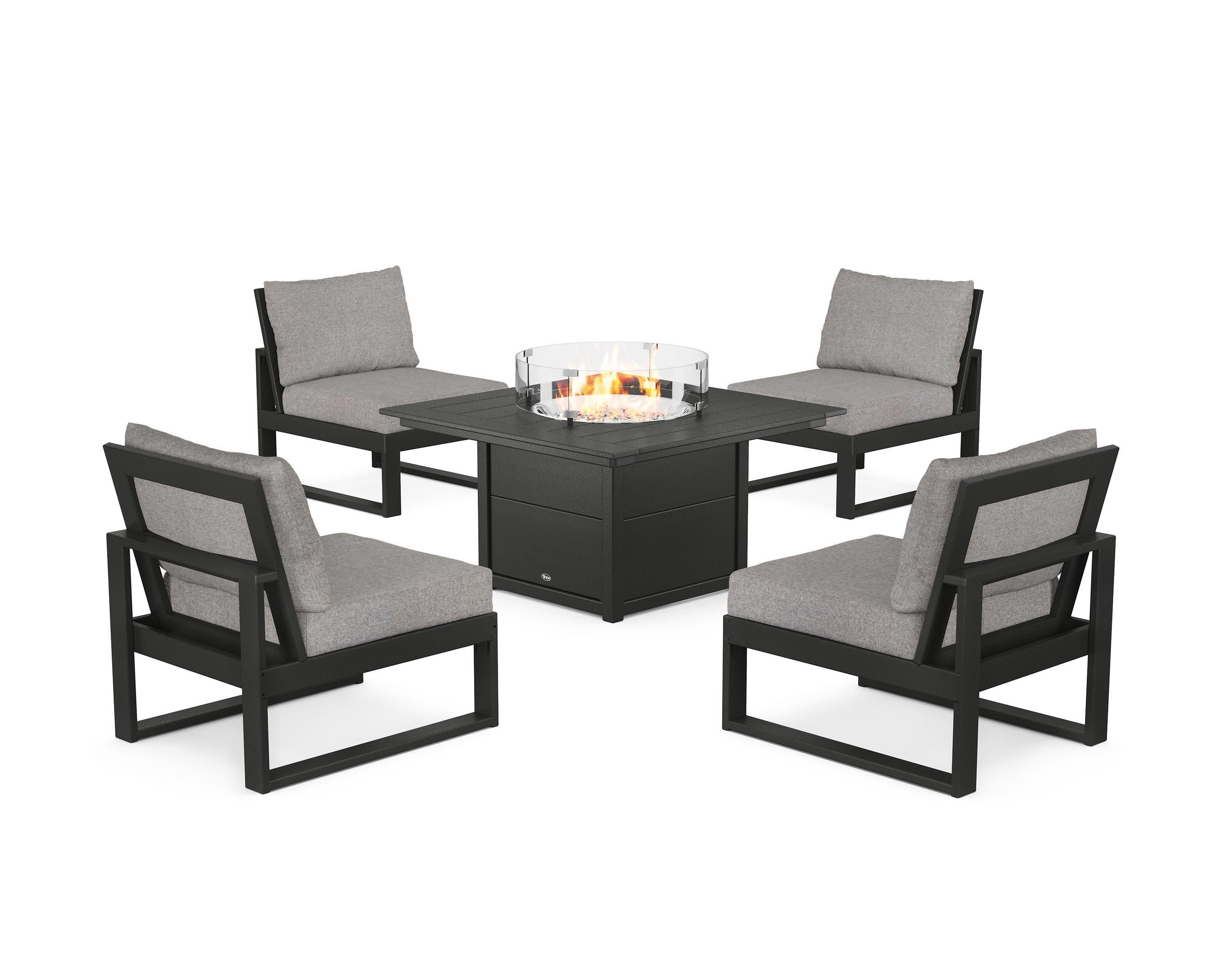 Eastport Modular 5-Piece Deep Seating Set with Square Fire Pit Table in Charcoal Black / Grey Mist