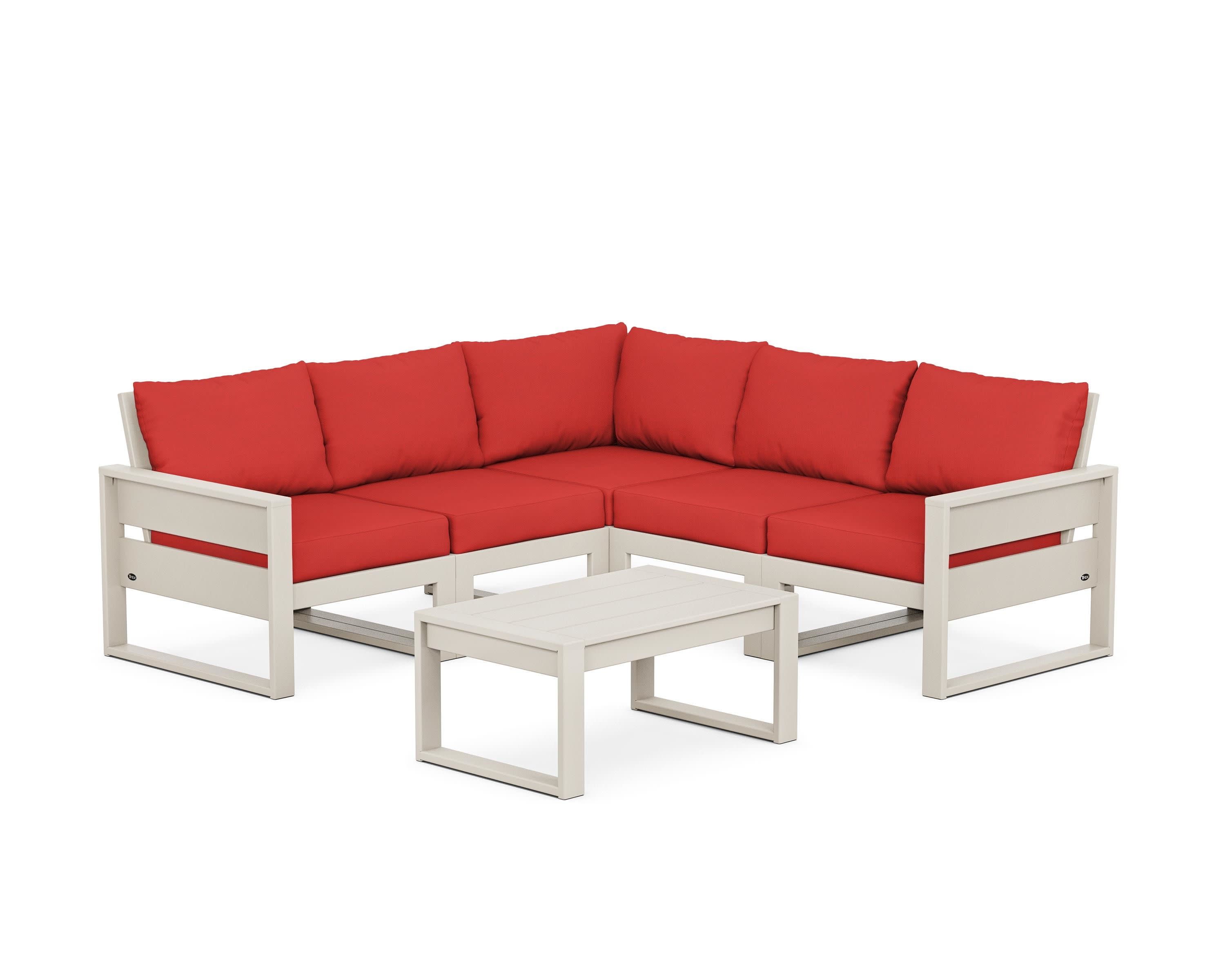 Eastport 6-Piece Deep Seating Sectional + Coffee Table Set in Sand Castle / Crimson Linen