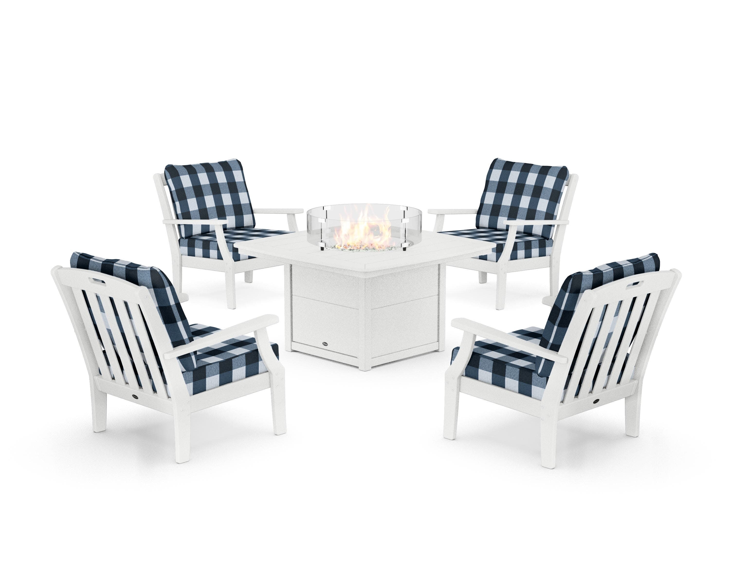 Yacht Club 5-Piece Deep Seating Set with Fire Pit Table in Classic White / Buffalo Plaid Marine Indigo