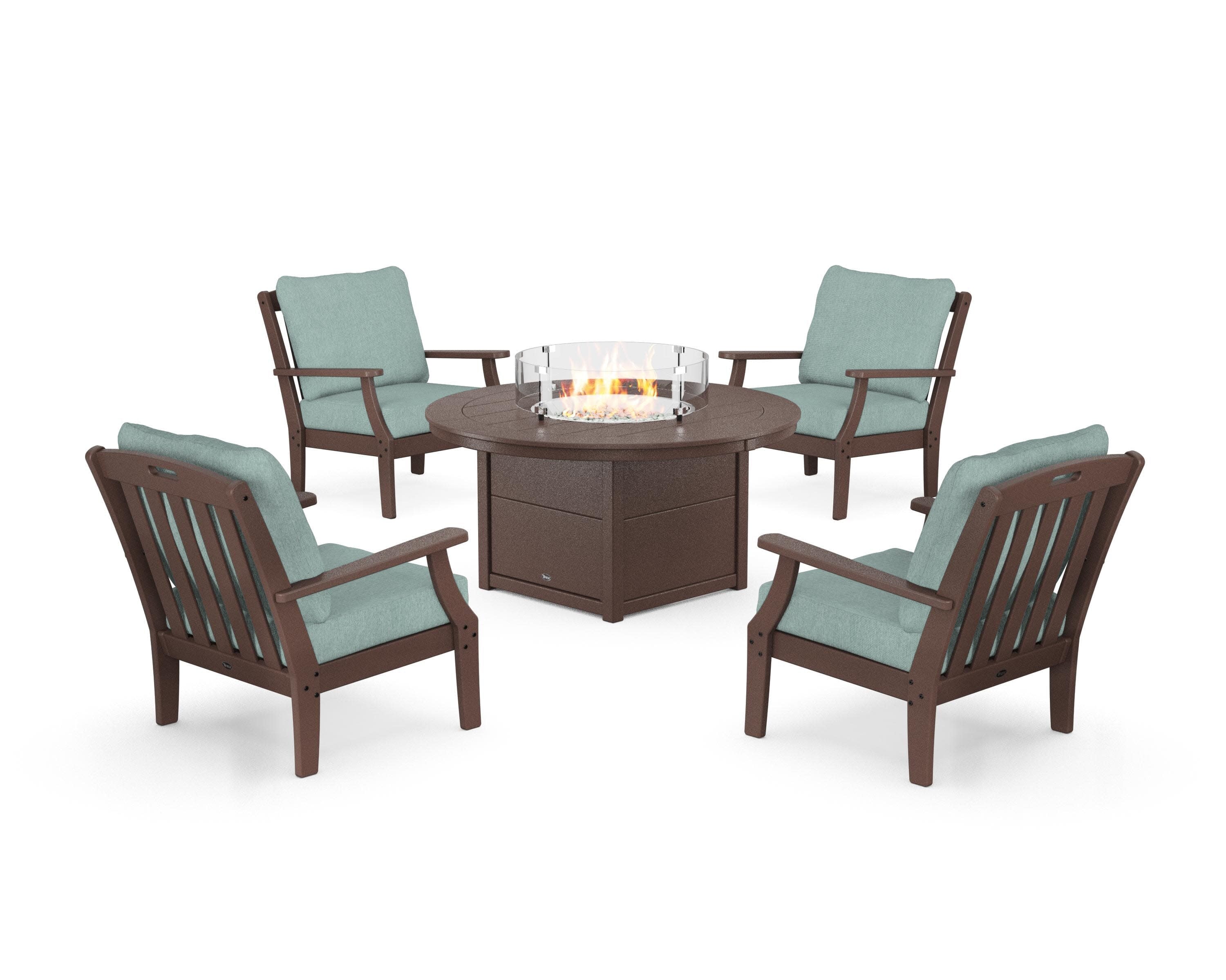 Yacht Club 5-Piece Deep Seating Set with Round Fire Pit Table in Vintage Lantern / Glacier Spa